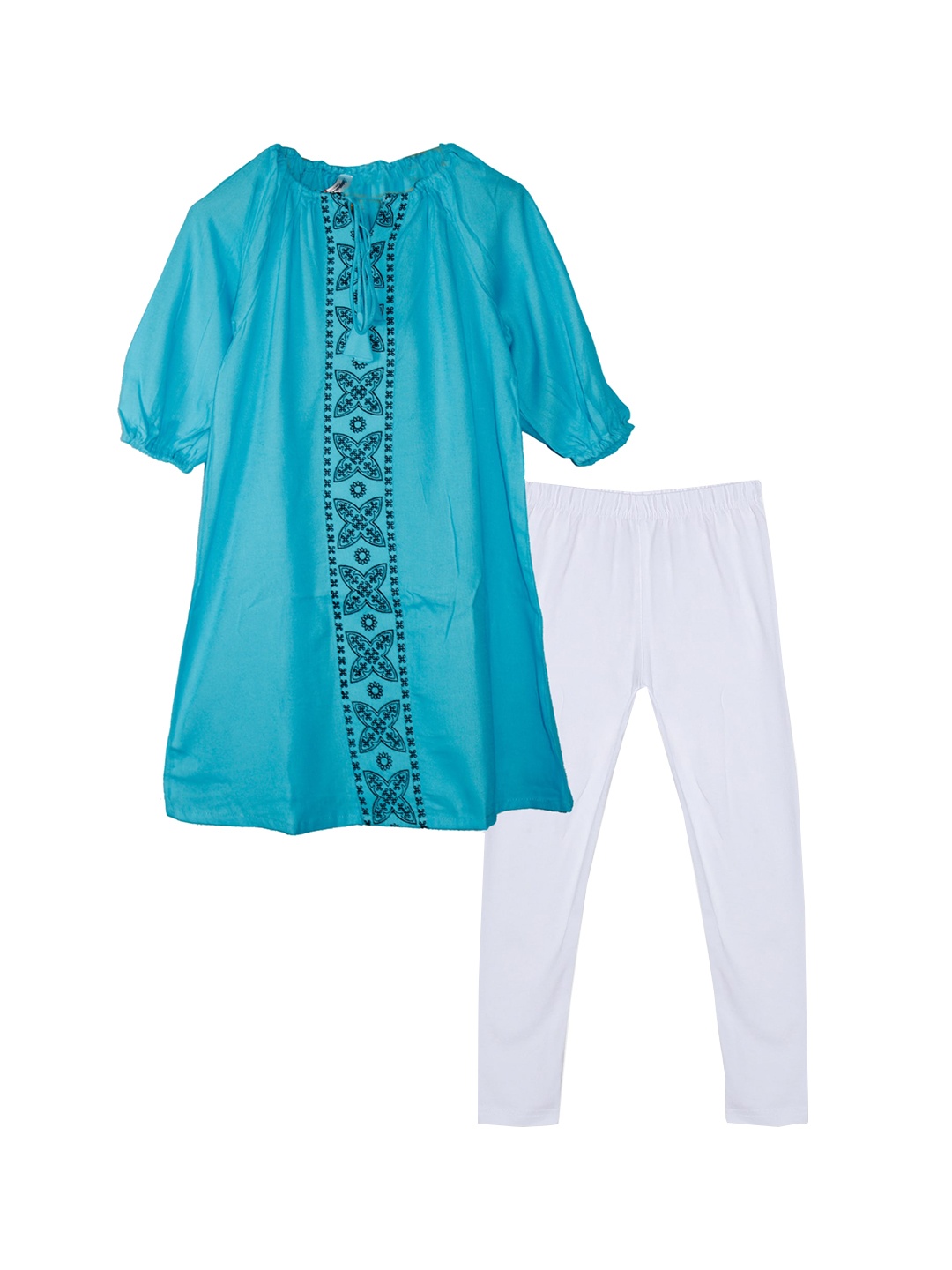 KiddoPanti Girls Ethnic Motifs Printed Puff Sleeves Tie-Up Neck Kurta with Leggings, Turquoise blue
KiddoPanti Girls Ethnic Motifs Printed Puff Sleeves Tie-Up Neck Kurta with Leggings, Turquoise blue