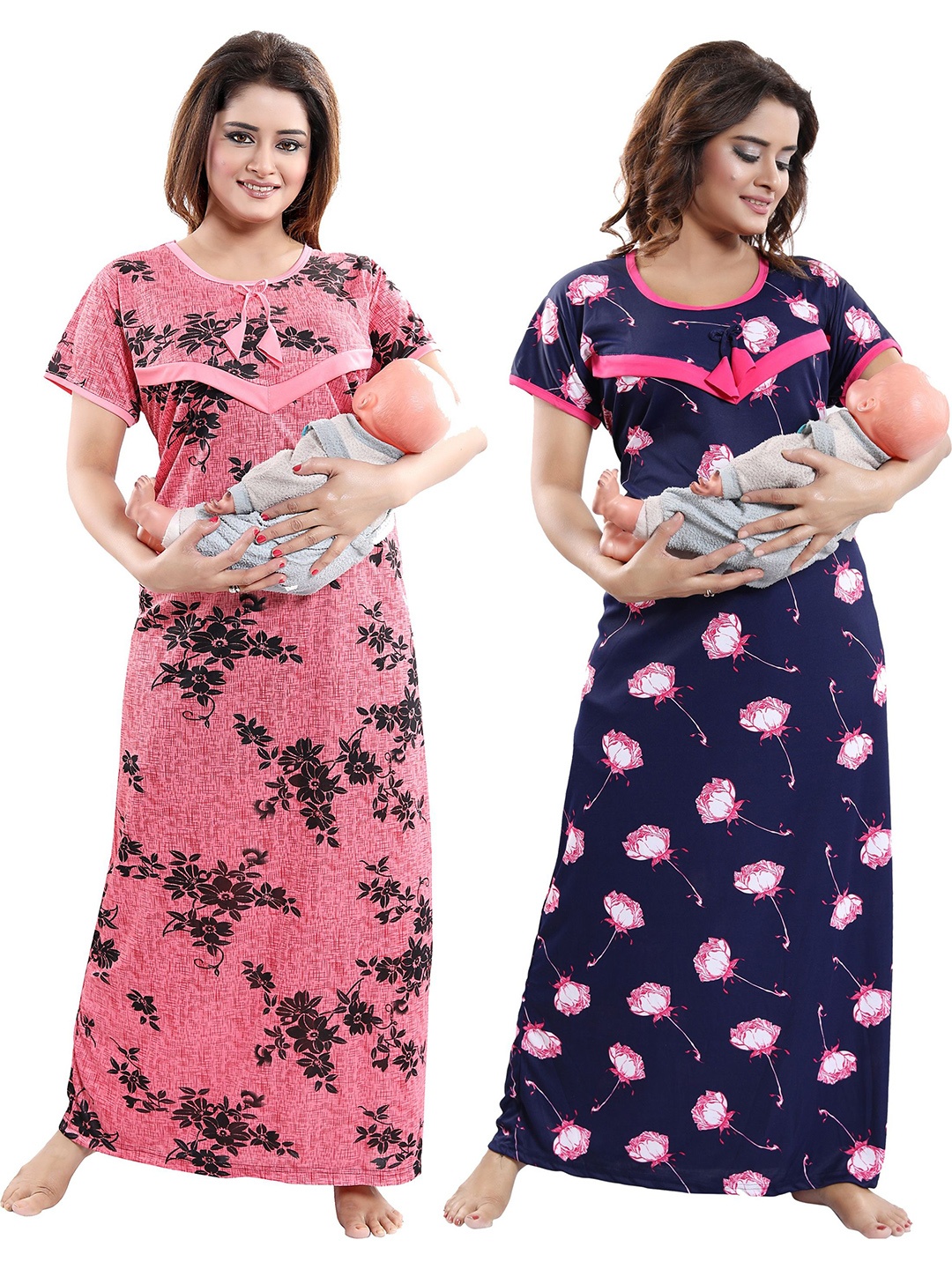 SHOPPING STATION Pack Of 2 Floral Printed Satin Maxi Nightdress, Blue