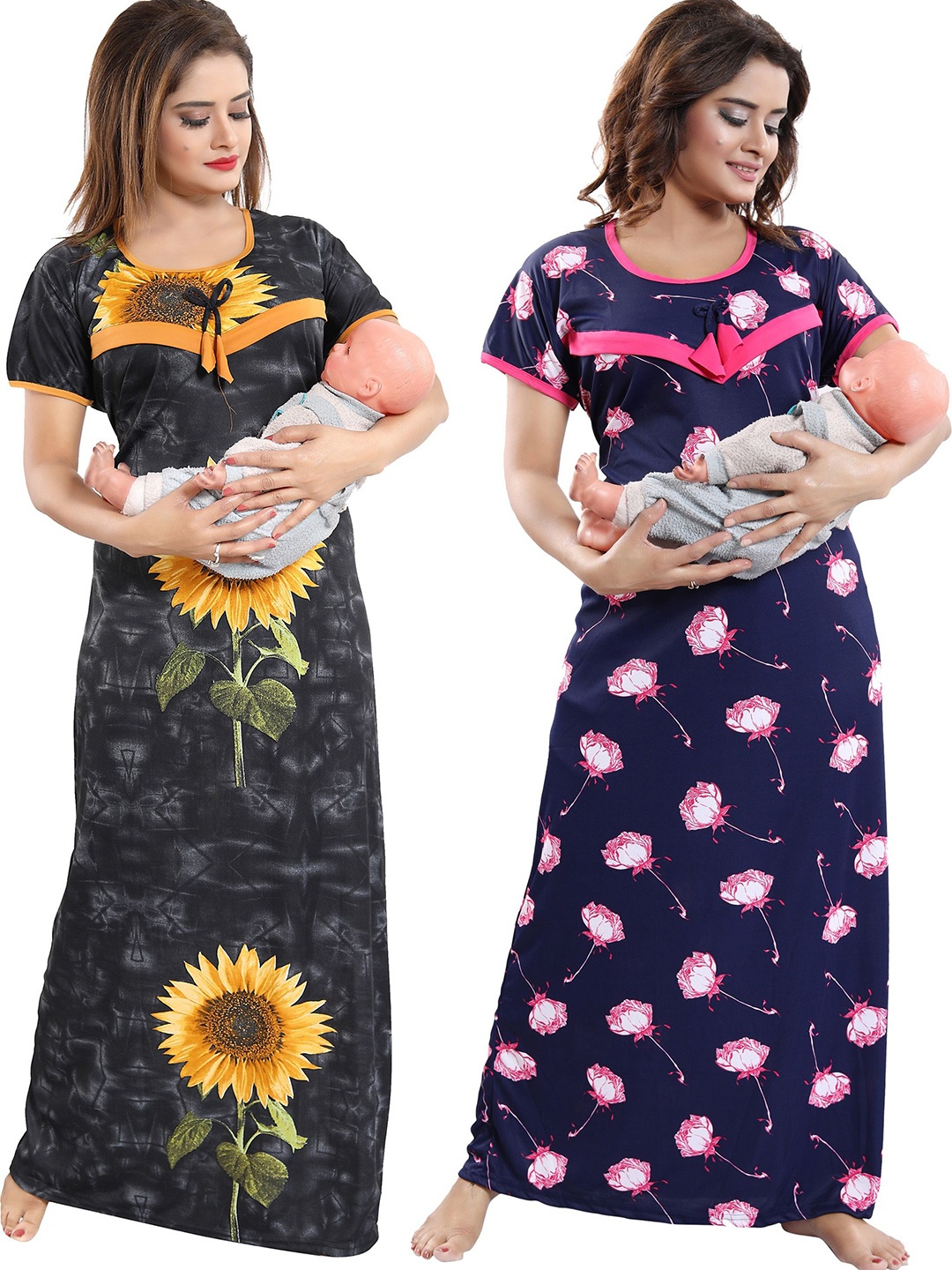 SHOPPING STATION Pack Of 2 Floral Printed Satin Maxi Nightdress, Black