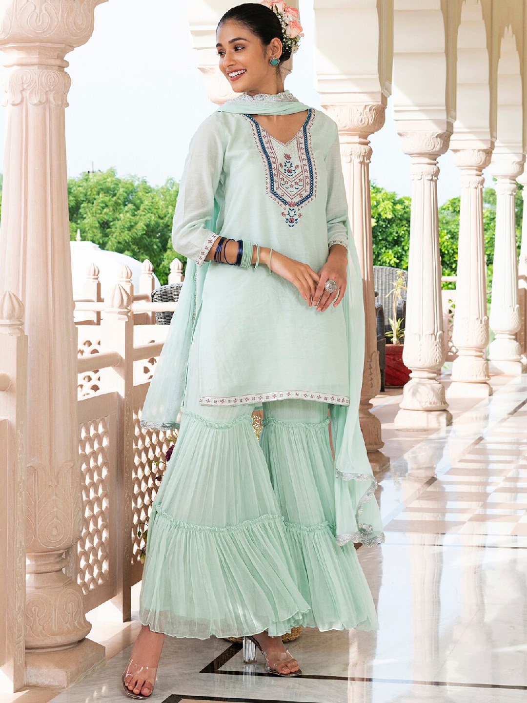 EverBloom Ethnic Motifs Embroidered Mirror Work Chanderi Silk Kurti with Sharara & Dupatta, Sea green
EverBloom Ethnic Motifs Embroidered Mirror Work Chanderi Silk Kurti with Sharara & Dupatta, Sea green