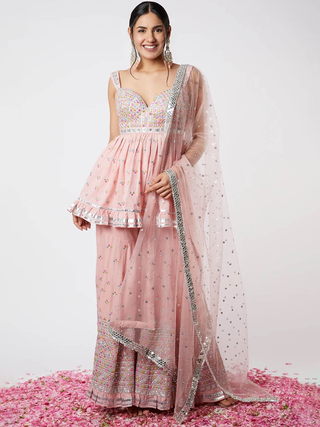 Fashion Basket Embroidered Shoulder Straps Mirror Work Kurti With Sharara & Dupatta, Peach
Fashion Basket Embroidered Shoulder Straps Mirror Work Kurti With Sharara & Dupatta, Peach