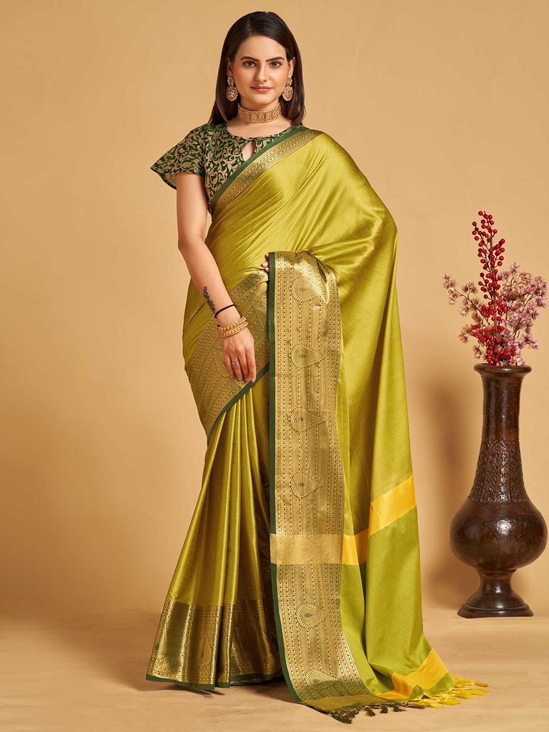 Mitera Olive Green & Green Ethnic Motifs Woven Design Zari Silk Cotton Banarasi Saree
Mitera Olive Green & Green Ethnic Motifs Woven Design Zari Silk Cotton Banarasi Saree