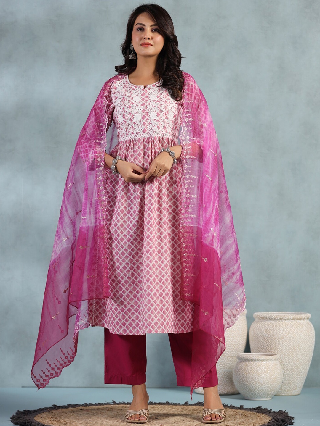 EtnicaWear Floral Embroidered Sequined A-Line Pure Cotton Kurta with Trousers & Dupatta, Pink
EtnicaWear Floral Embroidered Sequined A-Line Pure Cotton Kurta with Trousers & Dupatta, Pink