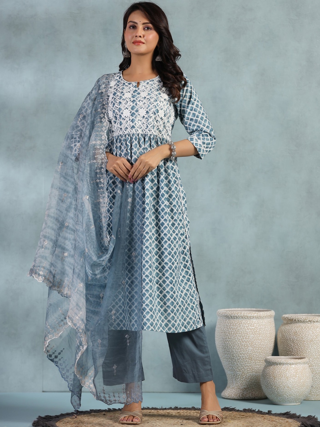 EtnicaWear Floral Embroidered Sequined A-Line Pure Cotton Kurta with Trousers & Dupatta, Blue
EtnicaWear Floral Embroidered Sequined A-Line Pure Cotton Kurta with Trousers & Dupatta, Blue