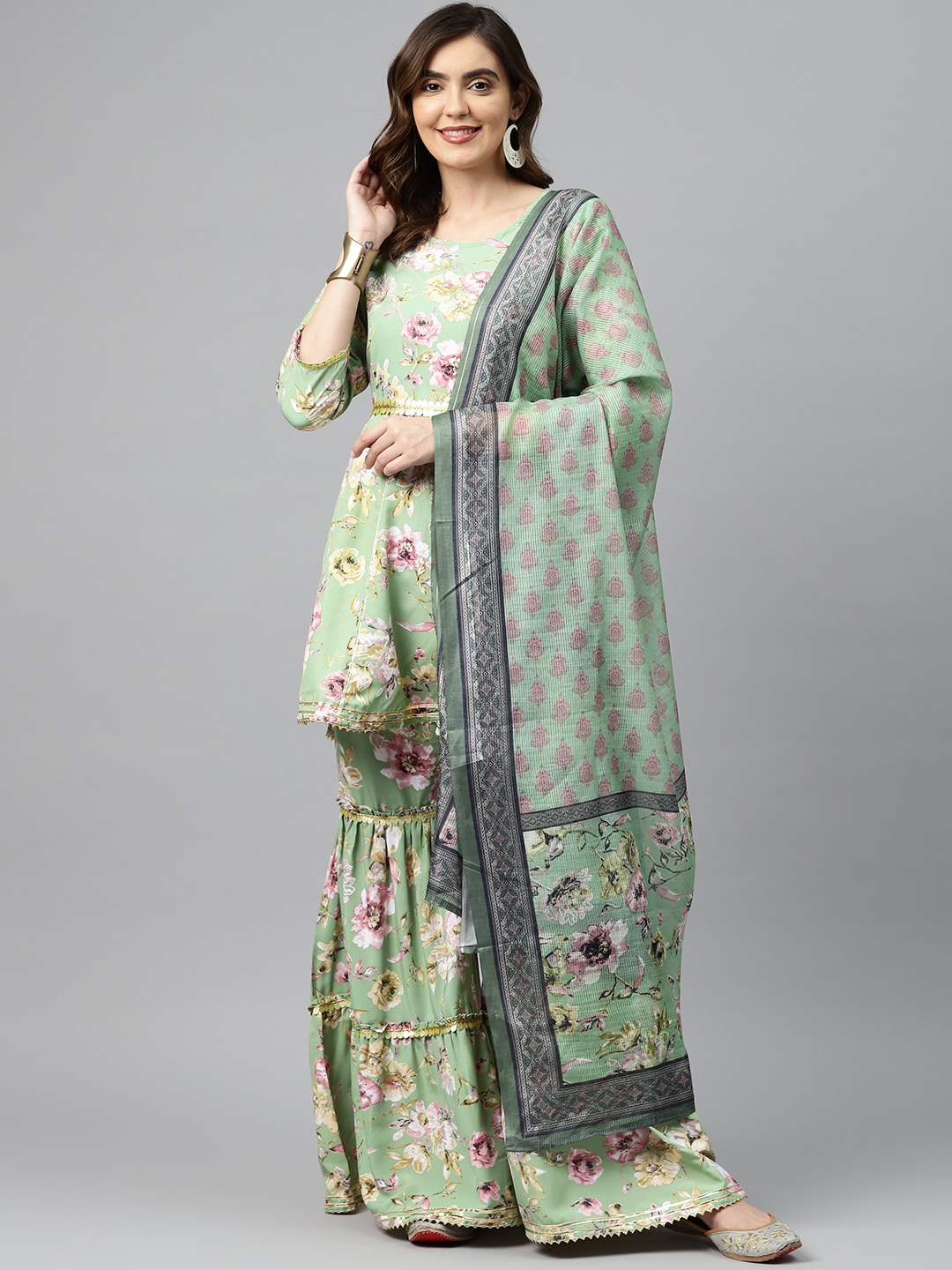 Readiprint Women Floral Printed Silk Crepe Kurti with Sharara & Dupatta, Green
Readiprint Women Floral Printed Silk Crepe Kurti with Sharara & Dupatta, Green
