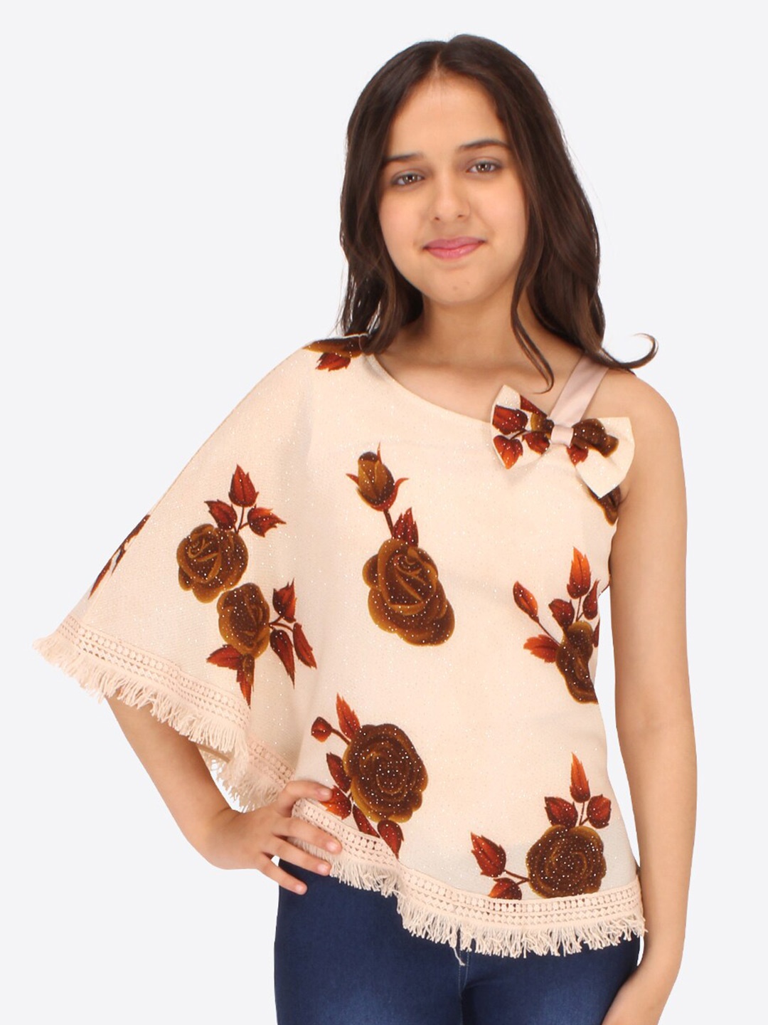 CUTECUMBER Girls Floral Printed Fringed Bow Detail Kimono Sleeve Georgette Top, Beige
CUTECUMBER Girls Floral Printed Fringed Bow Detail Kimono Sleeve Georgette Top, Beige