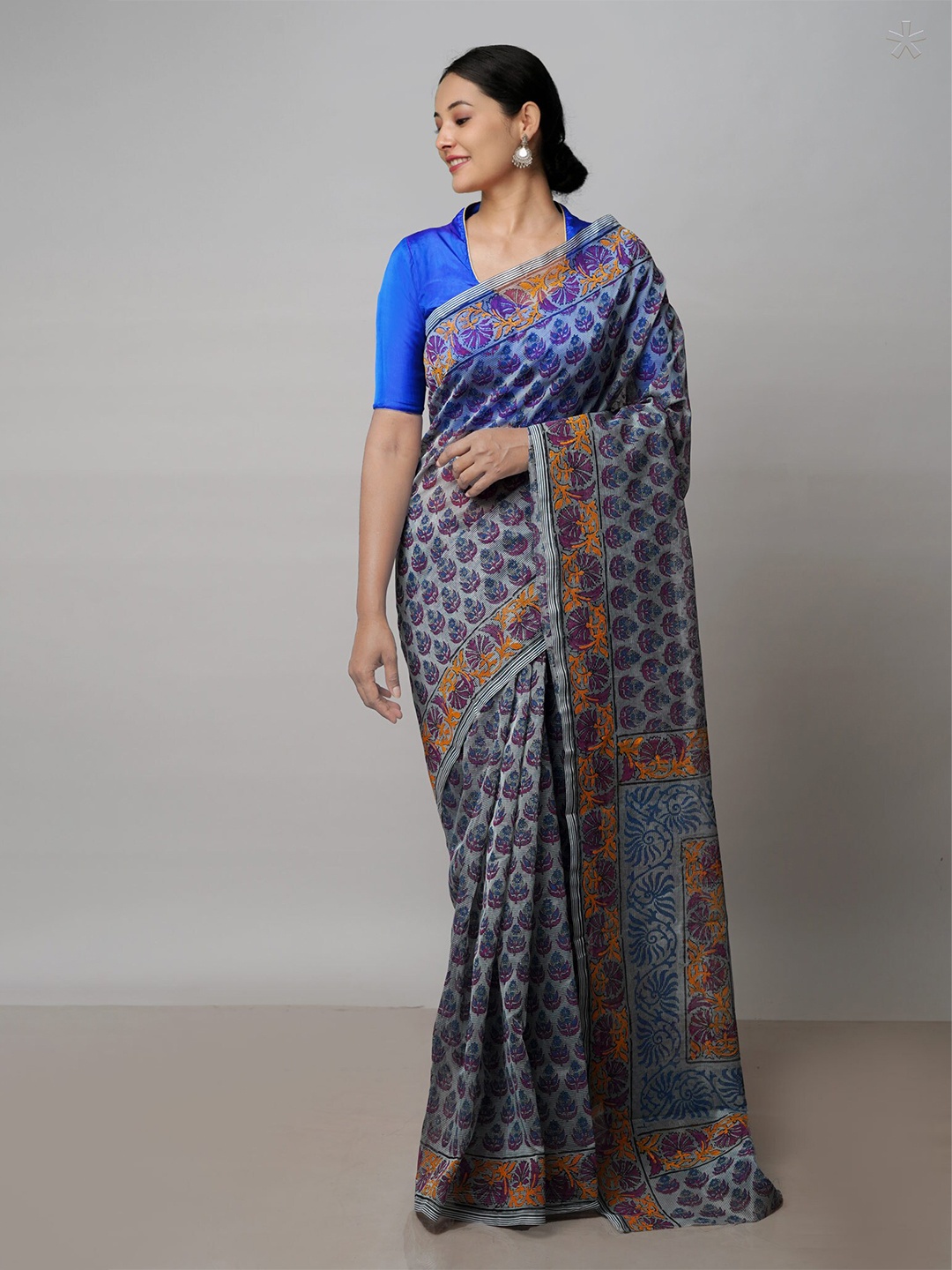 Unnati Silks Ethnic Motifs Pirnted Supernet Bagru Saree, Grey