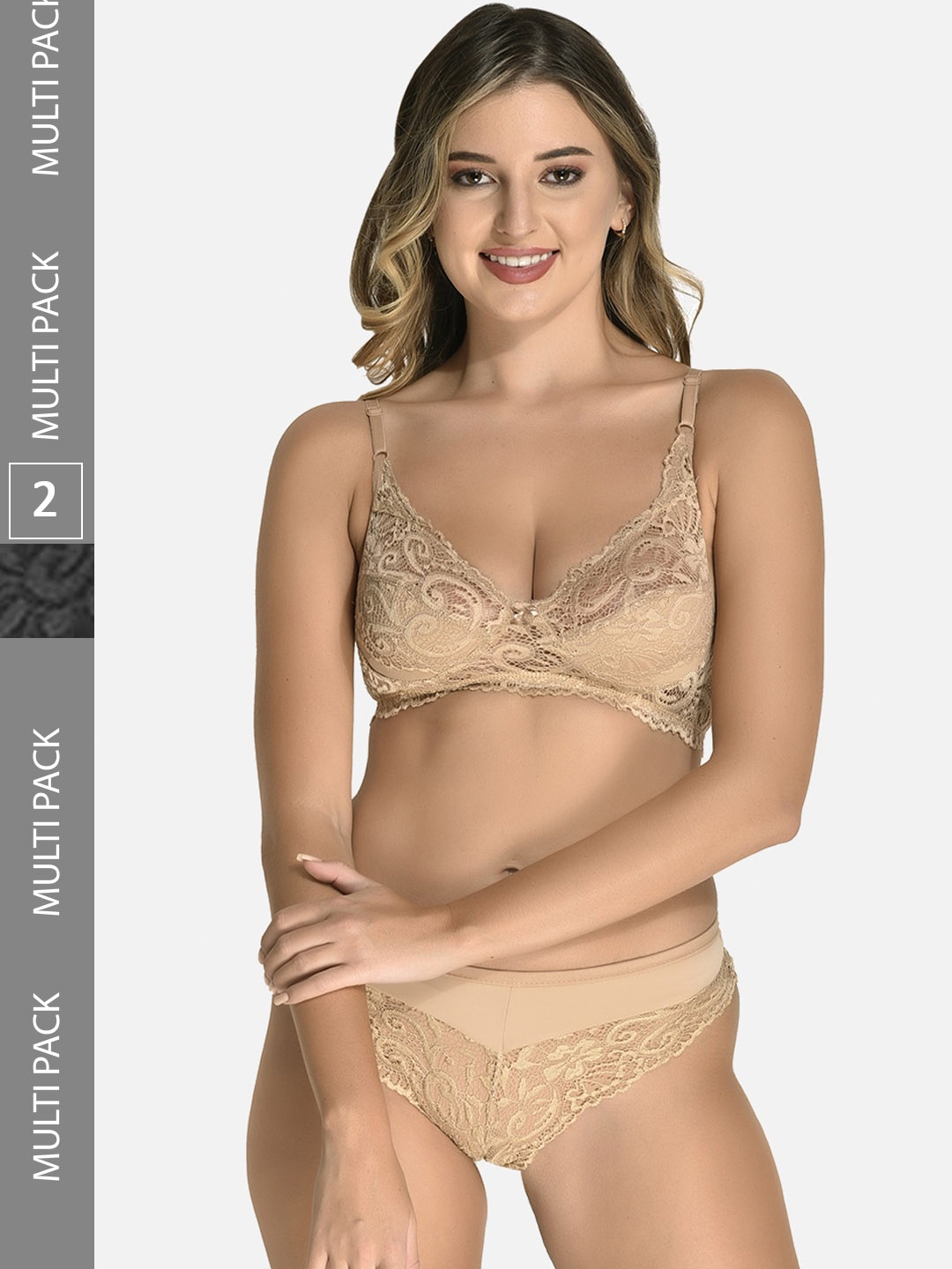 StyFun Pack Of 2 Self Design Lace Cotton Lycra Non Wired Non Padded Lingerie Set, Beige
StyFun Pack Of 2 Self Design Lace Cotton Lycra Non Wired Non Padded Lingerie Set, Beige