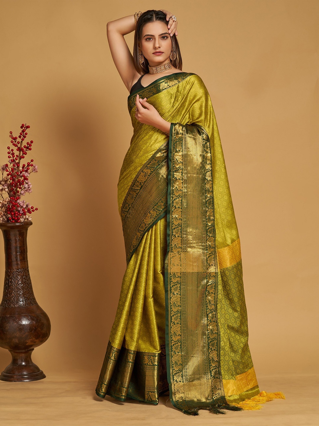 Mitera Olive Green & Gold-Toned Ethnic Motifs Woven Design Zari Silk Cotton Banarasi Saree
Mitera Olive Green & Gold-Toned Ethnic Motifs Woven Design Zari Silk Cotton Banarasi Saree
