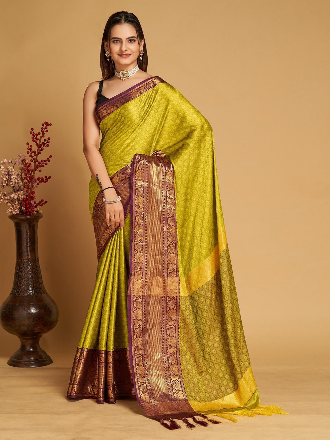 Mitera Olive Green & Purple Ethnic Motifs Woven Design Zari Silk Cotton Banarasi Saree
Mitera Olive Green & Purple Ethnic Motifs Woven Design Zari Silk Cotton Banarasi Saree