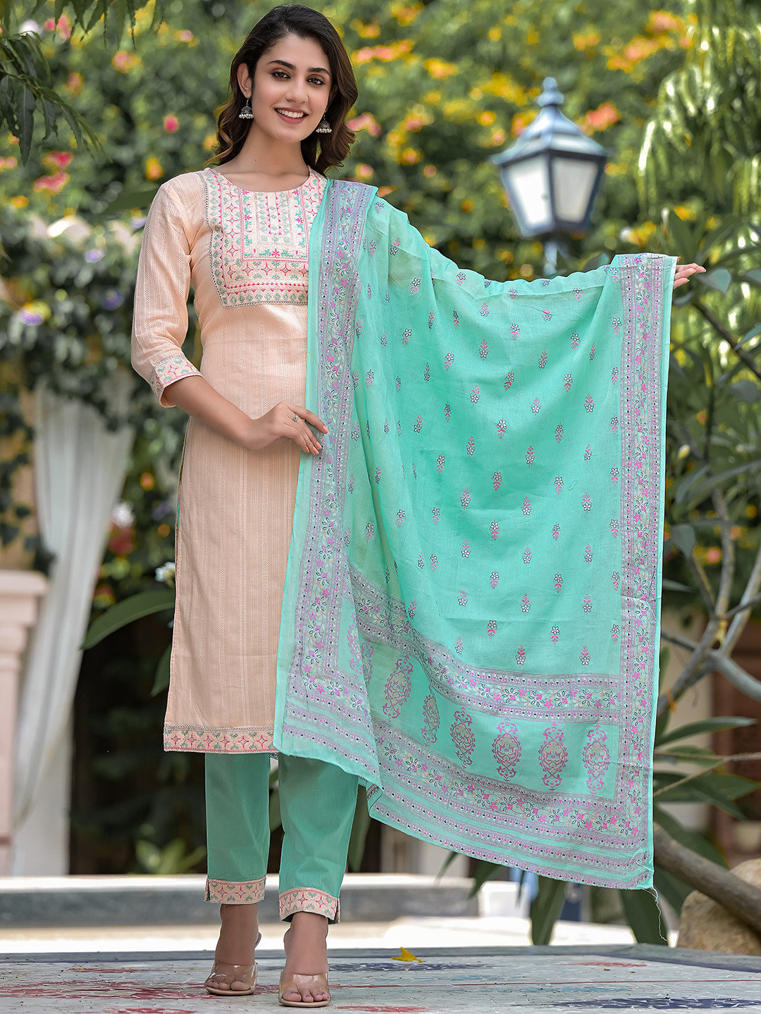 Ramas Floral Embroidered Regular Sequinned Pure Cotton Kurta With Trousers & Dupatta, Peach
Ramas Floral Embroidered Regular Sequinned Pure Cotton Kurta With Trousers & Dupatta, Peach
