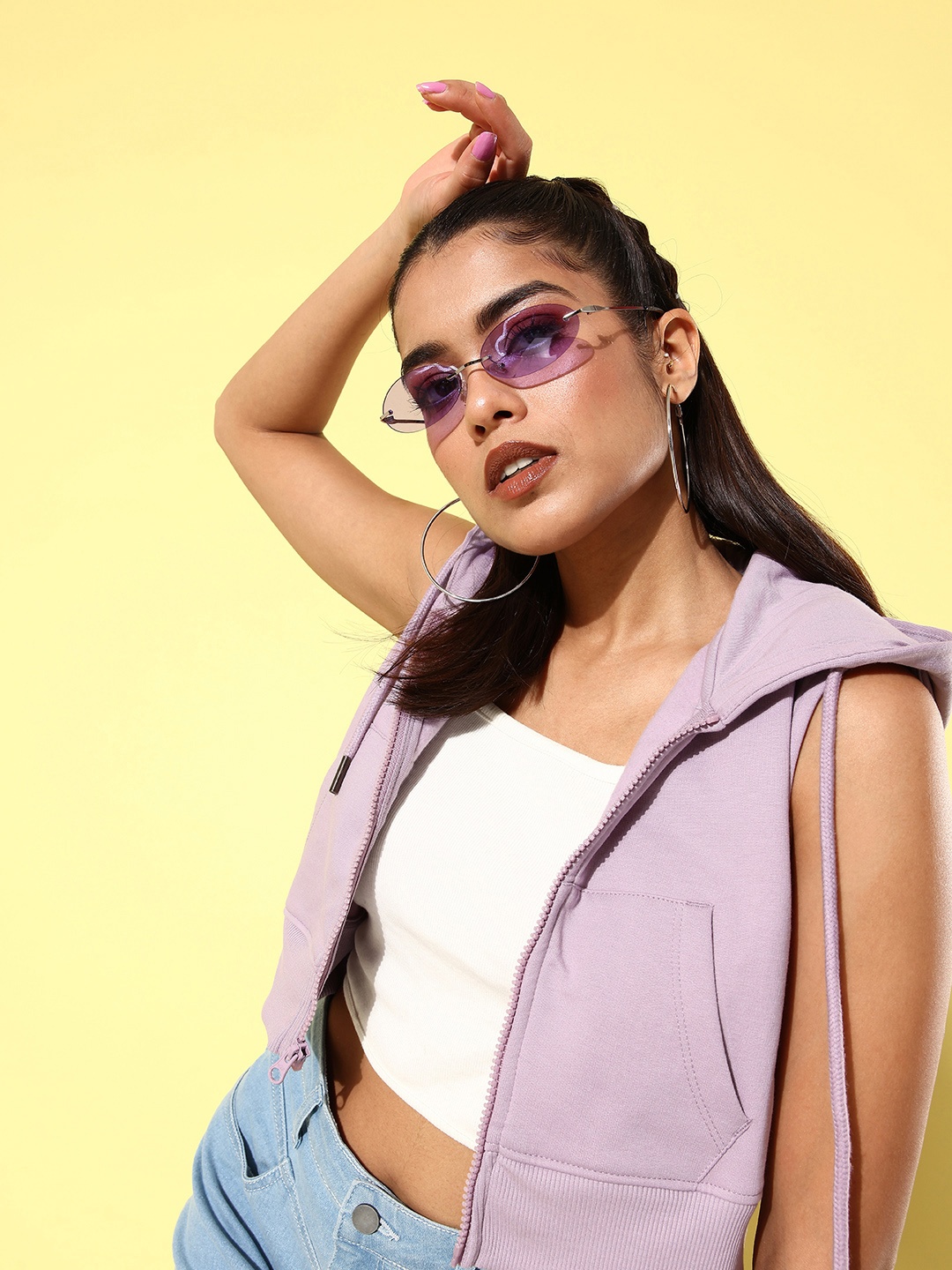 The Roadster Life Co. Solid Hooded Front-Open Sleeveless Crop Sweatshirt, Lavender
The Roadster Life Co. Solid Hooded Front-Open Sleeveless Crop Sweatshirt, Lavender