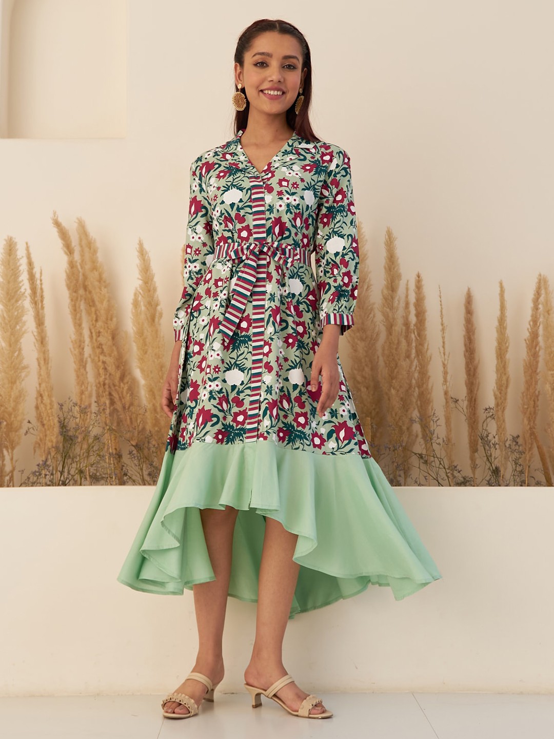 Rustorange Floral Print A-Line High-Low Midi Ethnic Dress, Sea green