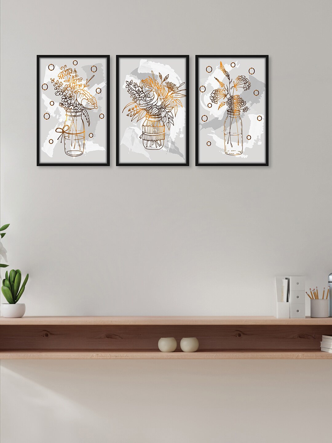 RANDOM White 3 Pieces Framed Drawing Flowers Wall Art Paintings