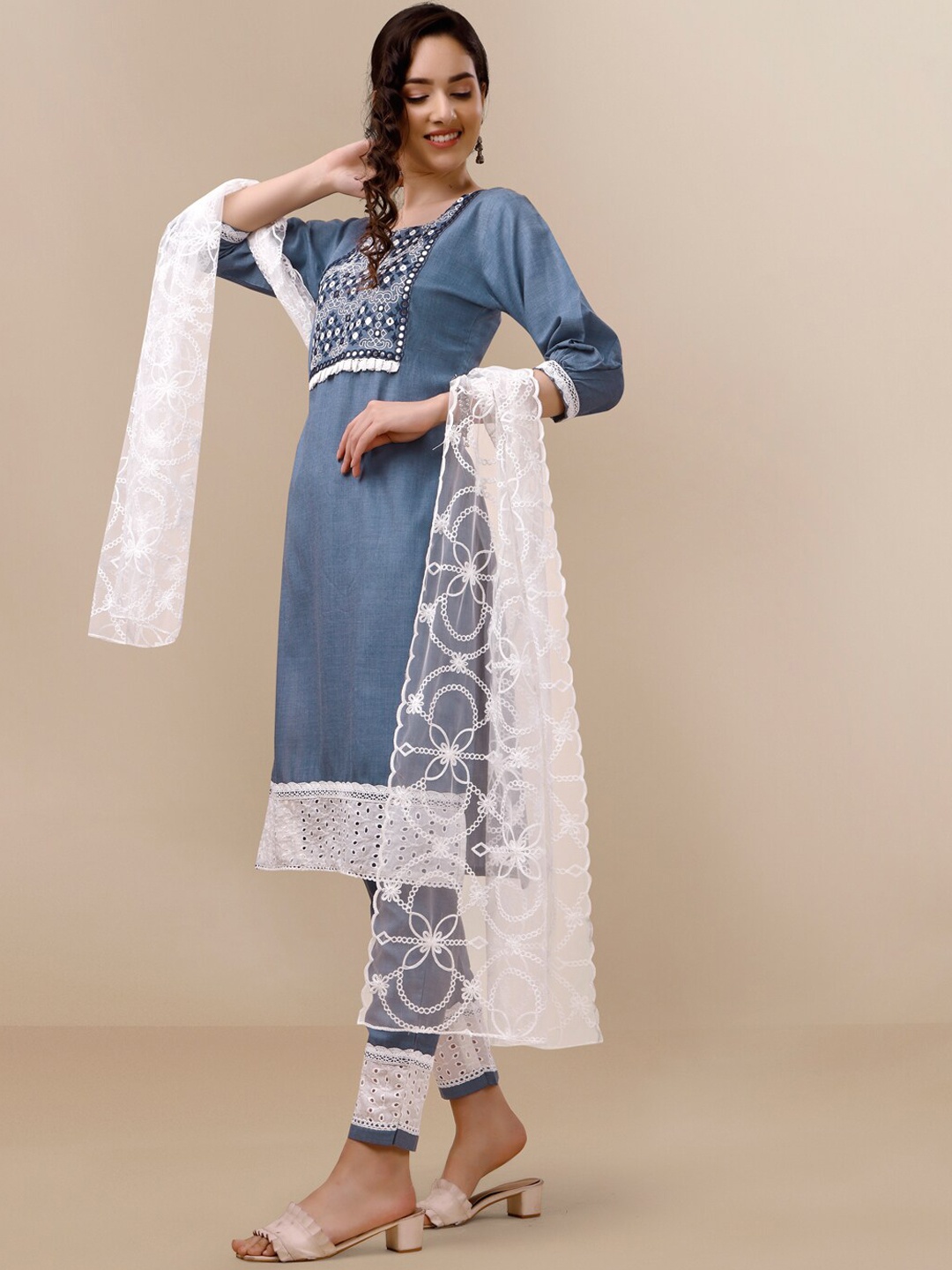 Sangria Blue & White Ethnic Motifs Yoke Design Thread Work Kurta With Trouser & Dupatta
Sangria Blue & White Ethnic Motifs Yoke Design Thread Work Kurta With Trouser & Dupatta