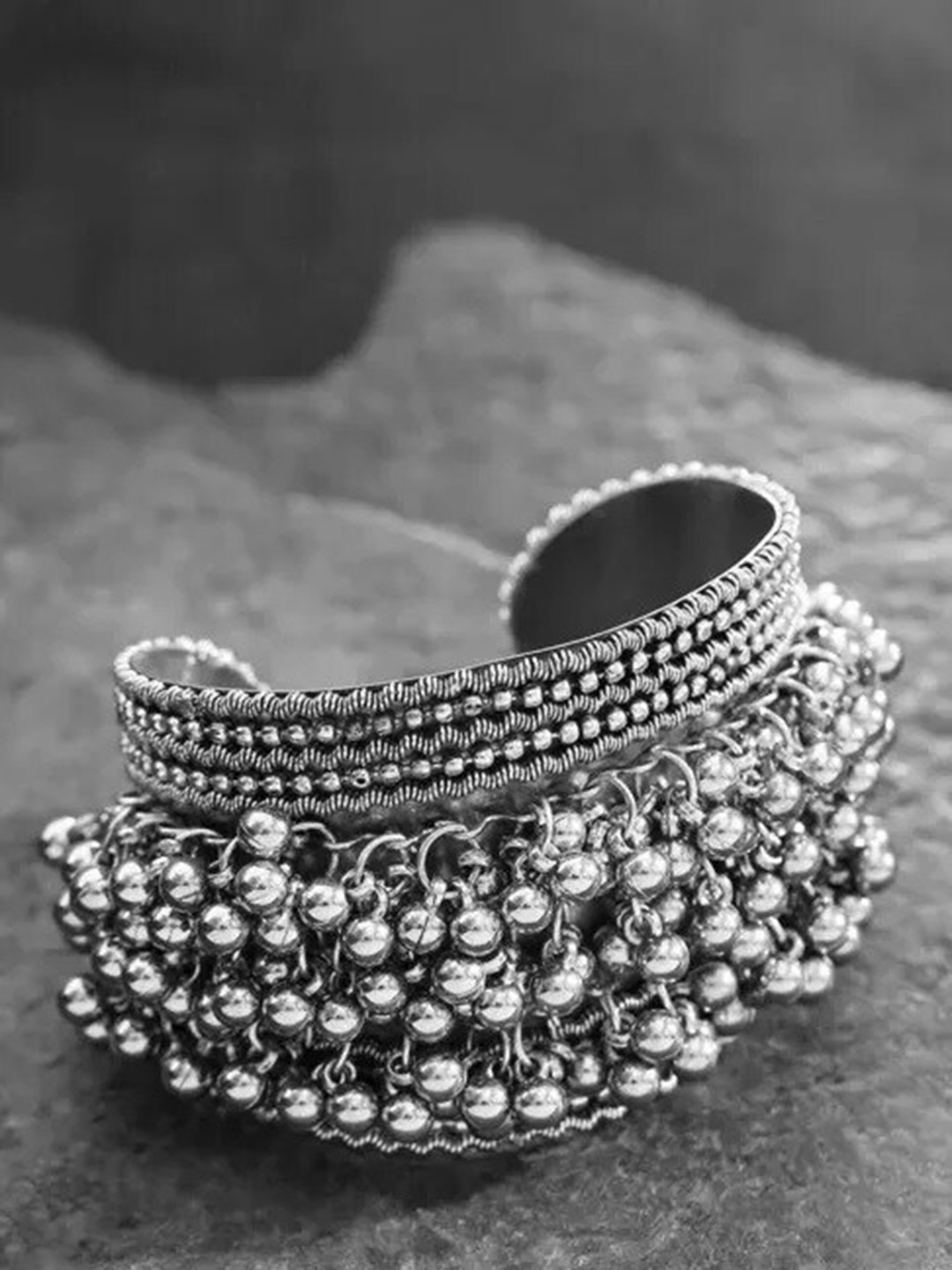 Samridhi DC Silver-Plated Stone Studded & Ghunghroo Beaded Oxidised Bangle