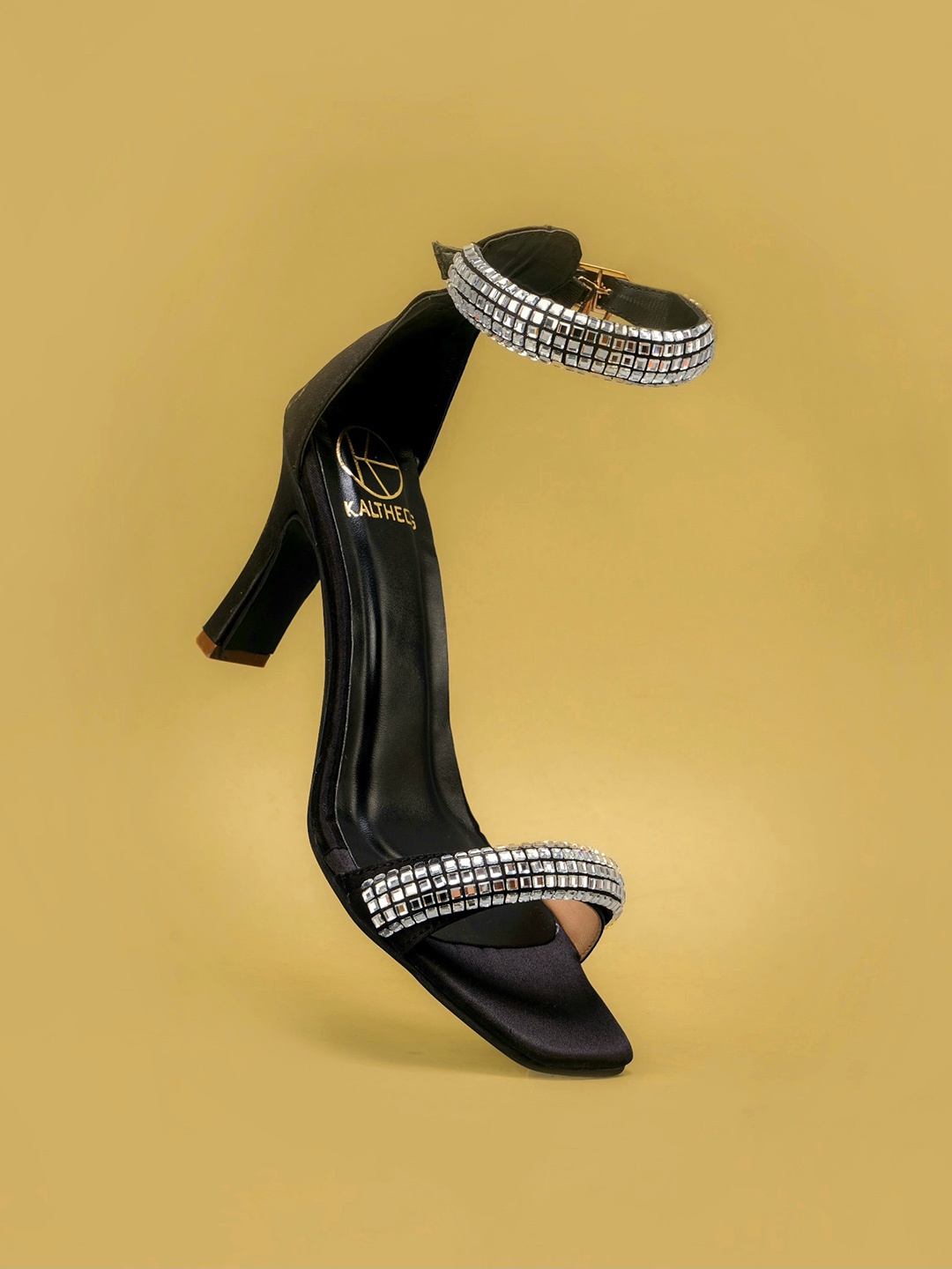KALTHEOS Embellished Open Toe Party Stiletto Heels, Black