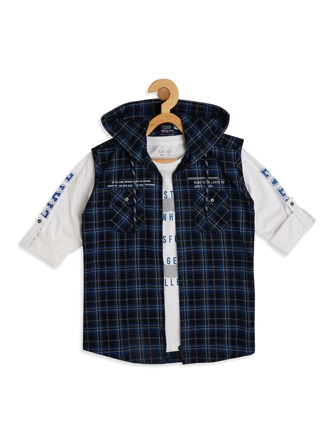 CAVIO Boys Comfort Fit Tartan Checked Sleeveless Hooded Casual Shirt With Printed T-shirt, Blue
CAVIO Boys Comfort Fit Tartan Checked Sleeveless Hooded Casual Shirt With Printed T-shirt, Blue