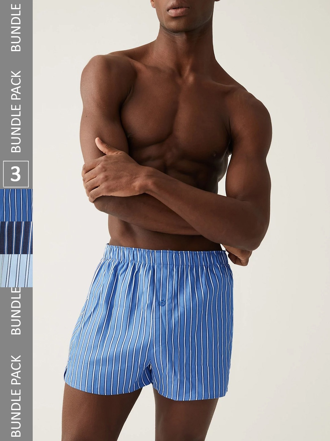 Marks & Spencer Pack Of 3 Striped Pure Cotton Boxers, Blue