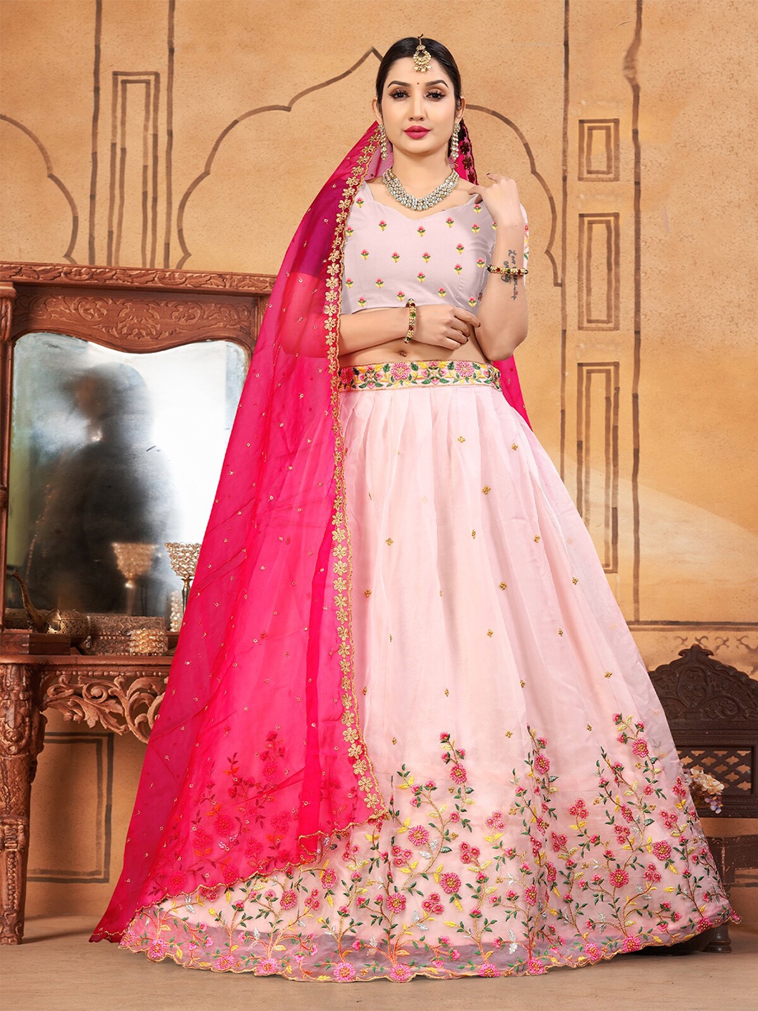 ODETTE Pink & Fuchsia Embroidered Thread Work Semi-Stitched Lehenga & Unstitched Blouse With Dupatta
ODETTE Pink & Fuchsia Embroidered Thread Work Semi-Stitched Lehenga & Unstitched Blouse With Dupatta