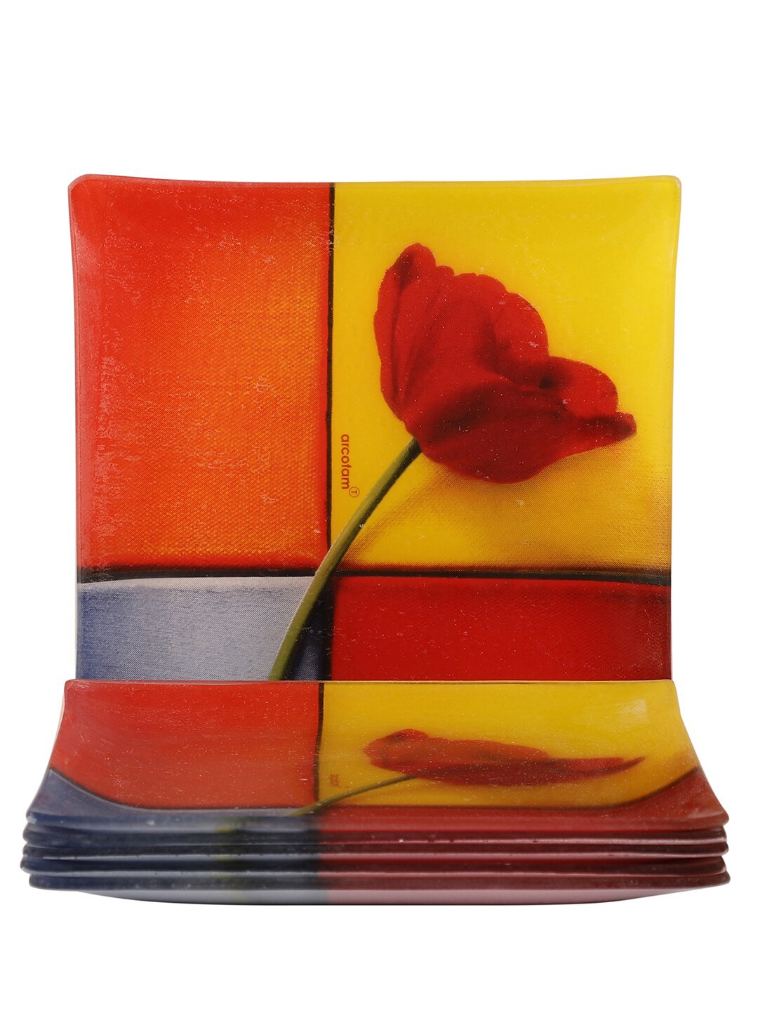 ceradeco Red & Yellow 6 Pieces Printed Glass Glossy Snack Serving Plates