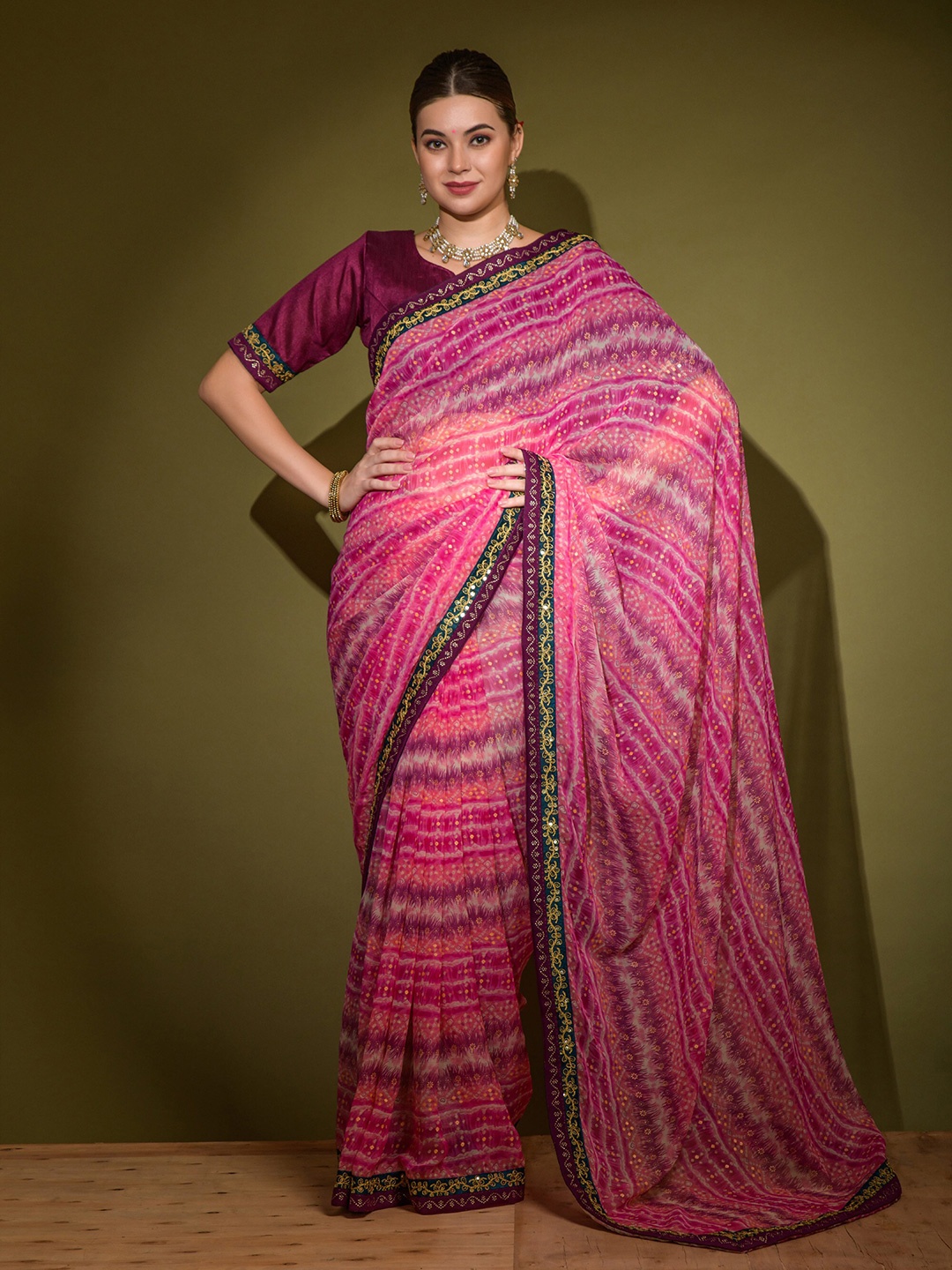 elora Bandhani Printed Embroidered Patola Saree, Pink