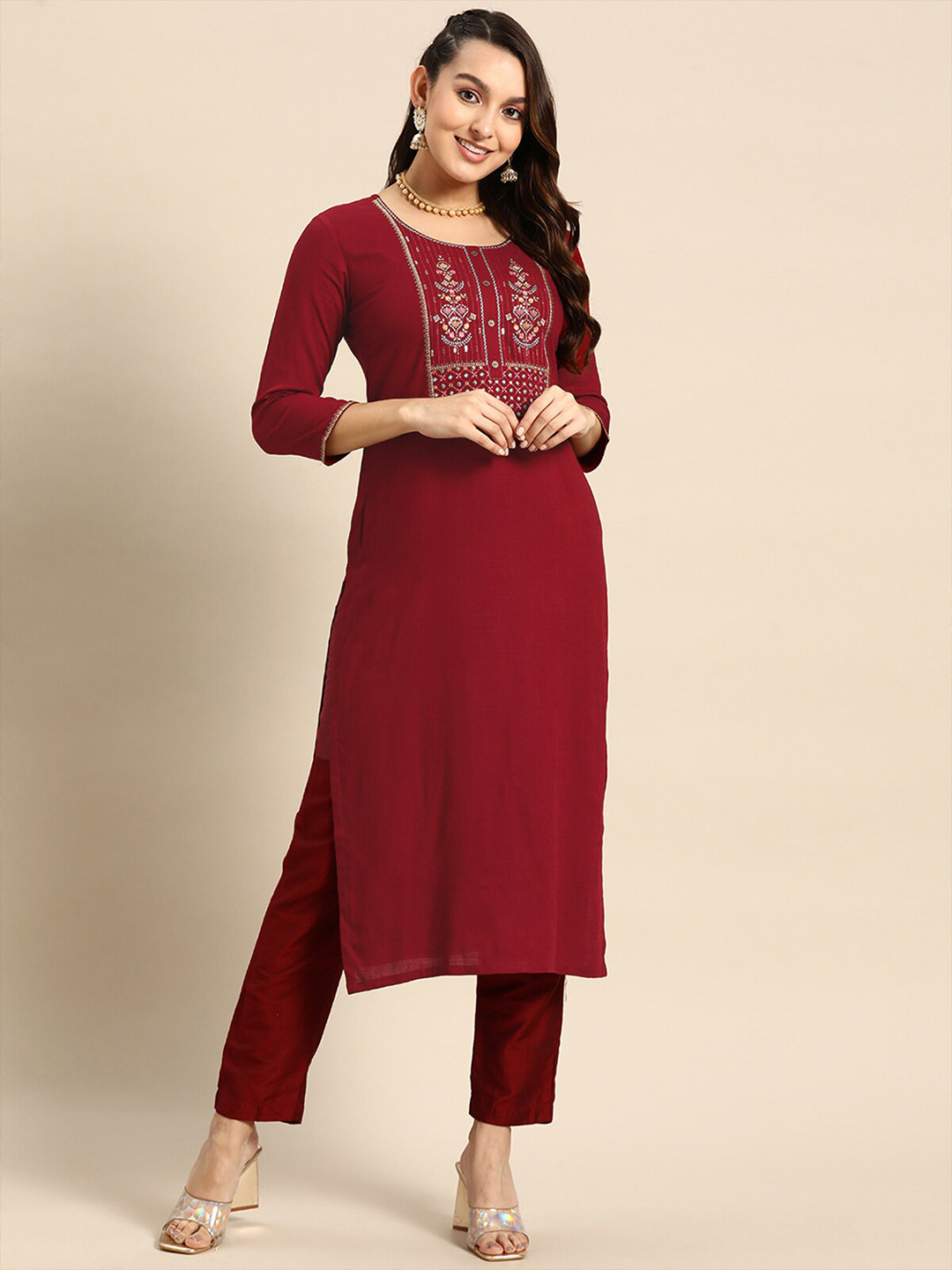 ODETTE Floral Yoke Design Thread Work Kurta, Maroon 
ODETTE Floral Yoke Design Thread Work Kurta, Maroon