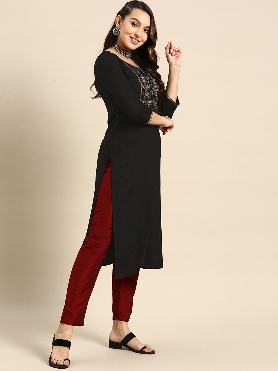 ODETTE Floral Yoke Design Thread Work Kurta, Black 
ODETTE Floral Yoke Design Thread Work Kurta, Black