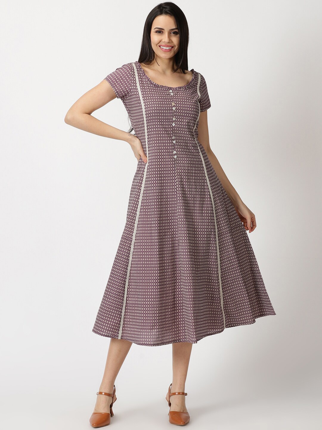 Saffron Threads Geometric Printed Lace Inserts Pure Cotton A-Line Midi Dress, Purple
Saffron Threads Geometric Printed Lace Inserts Pure Cotton A-Line Midi Dress, Purple