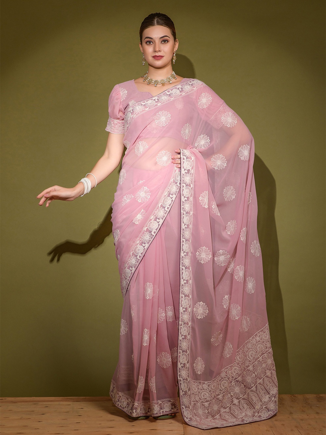 elora Floral Embroidered Bhagalpuri Saree, Pink