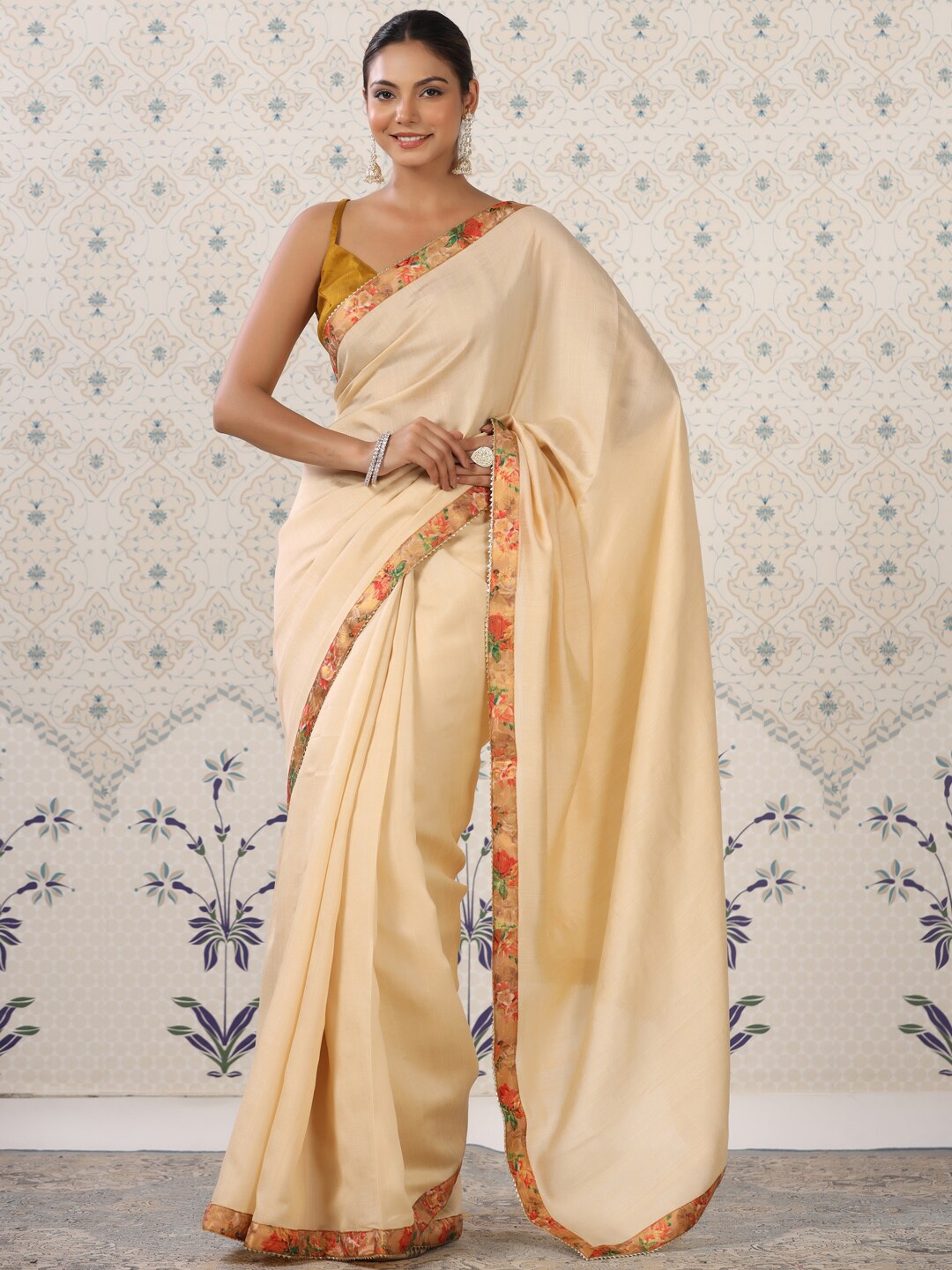 Ode by House of Pataudi Beige & Red Poly Silk Saree