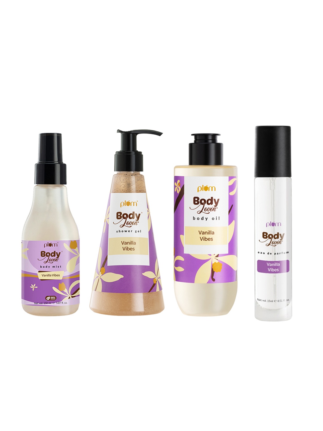 Plum BodyLovin Vanilla Vibes Body Mist 150ml+ Body Oil 200ml + Shower Gel 240ml + EDP 15ml, Purple
Plum BodyLovin Vanilla Vibes Body Mist 150ml+ Body Oil 200ml + Shower Gel 240ml + EDP 15ml, Purple