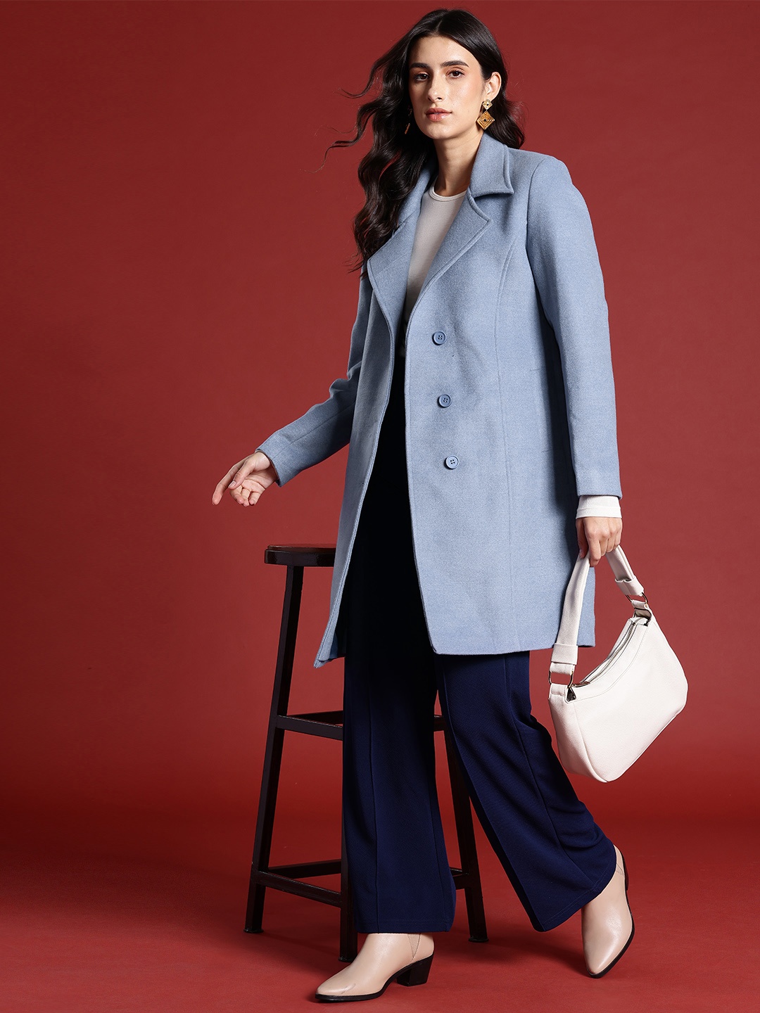 all about you Notched Lapel Longline Overcoat, Blue