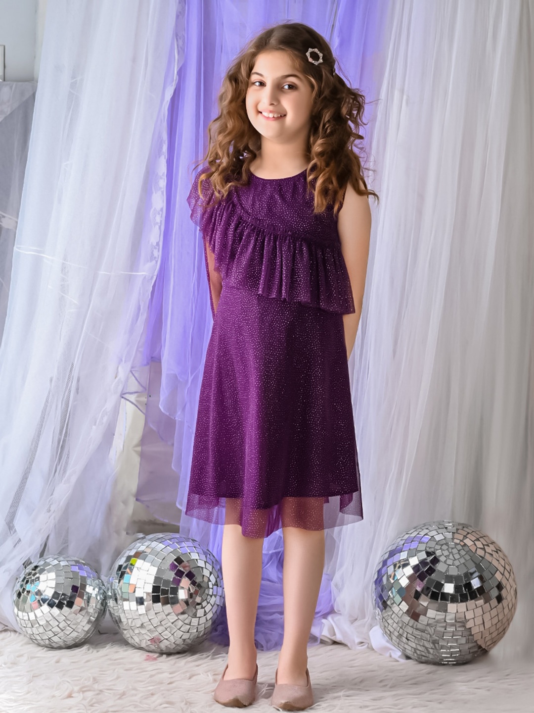 LilPicks Girls Embellished Ruffled A-Line Dress, Purple
