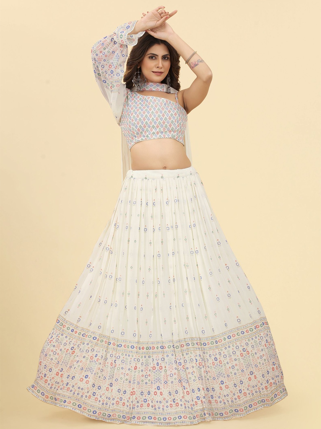 KALINI Printed Foil Printed One Shoulder Ready to Wear Lehenga Choli With Dupatta, White
KALINI Printed Foil Printed One Shoulder Ready to Wear Lehenga Choli With Dupatta, White