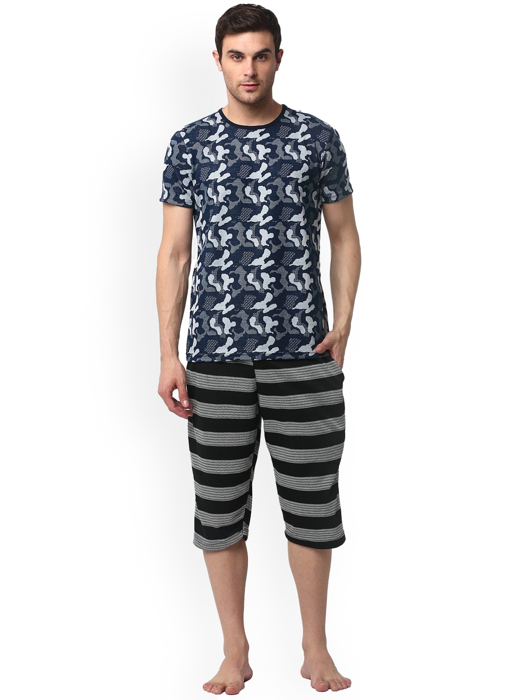 VIMAL JONNEY Men Lounge Abstract Printed T-shirt with Shorts Night Suit, Grey