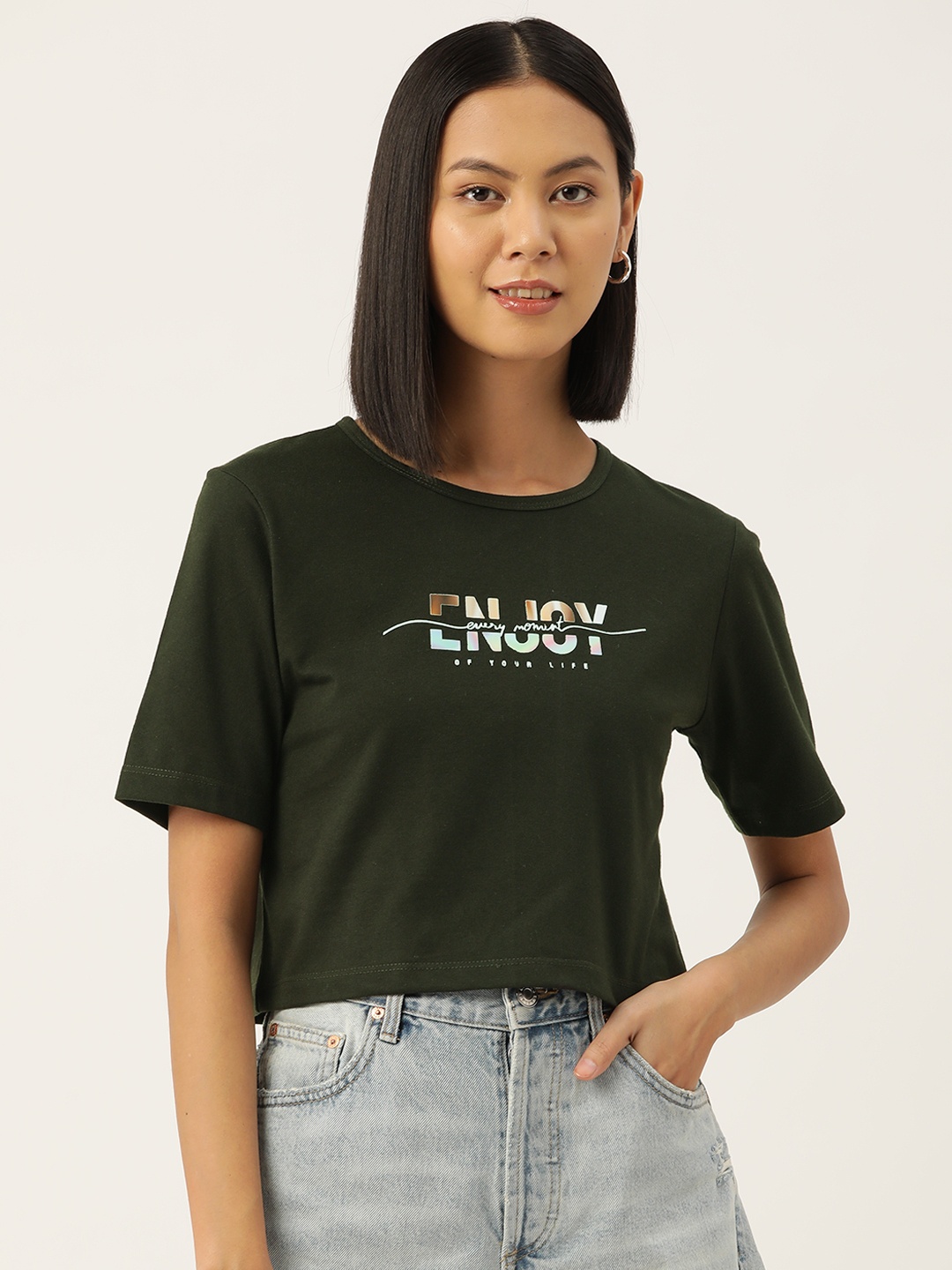 Slenor Women Olive Green Printed Pure Cotton T-shirt