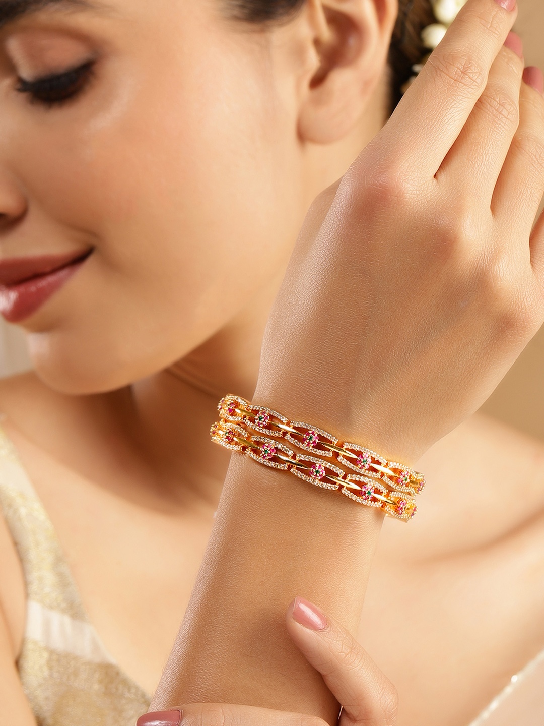 Rubans Set of 2 24K Gold Plated White Red and Green Kundan & CZ Studded Bangles
Rubans Set of 2 24K Gold Plated White Red and Green Kundan & CZ Studded Bangles