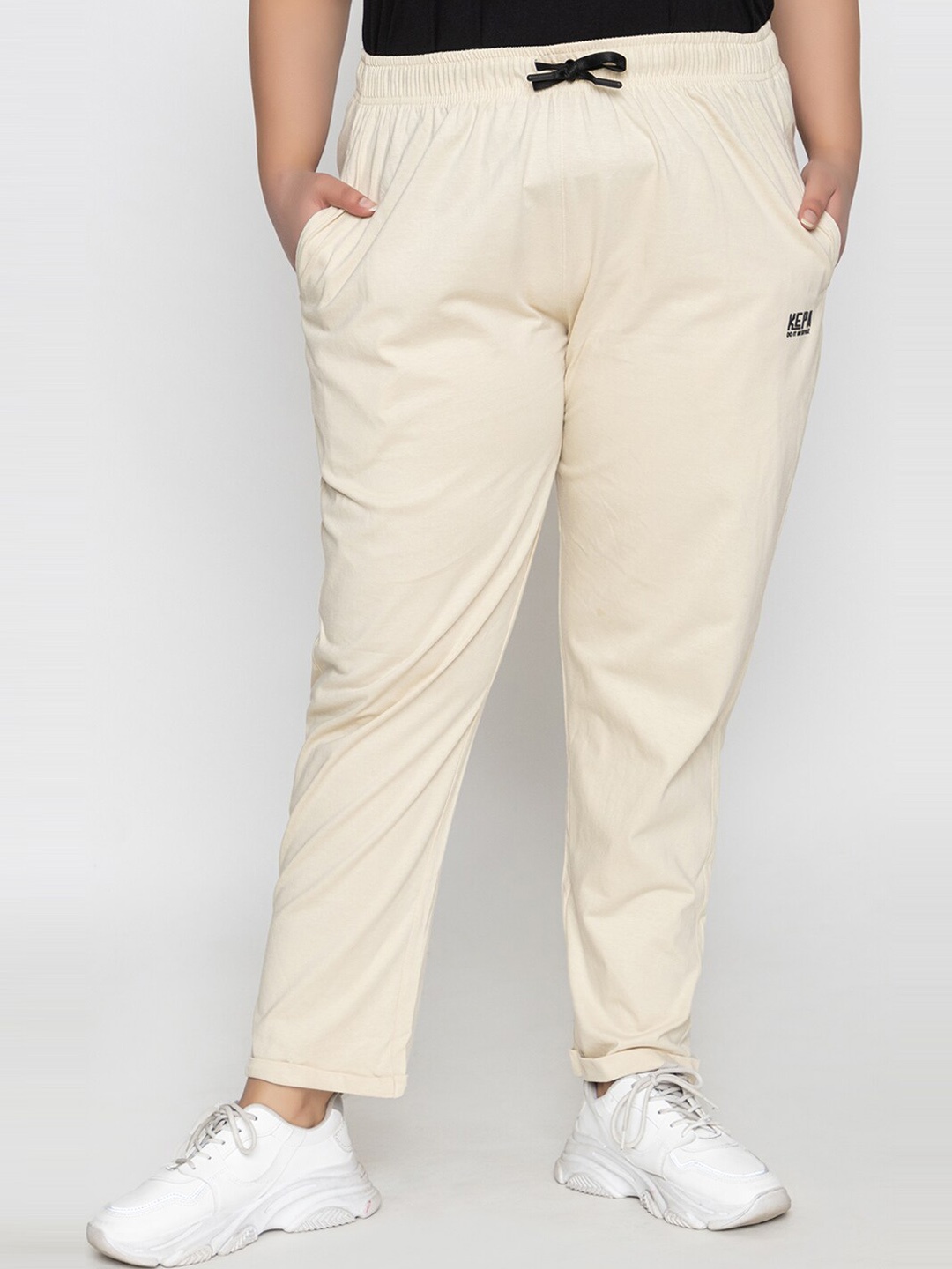 KEPA Women Plus Size Mid-Rise Cotton Sports Track Pants, Beige