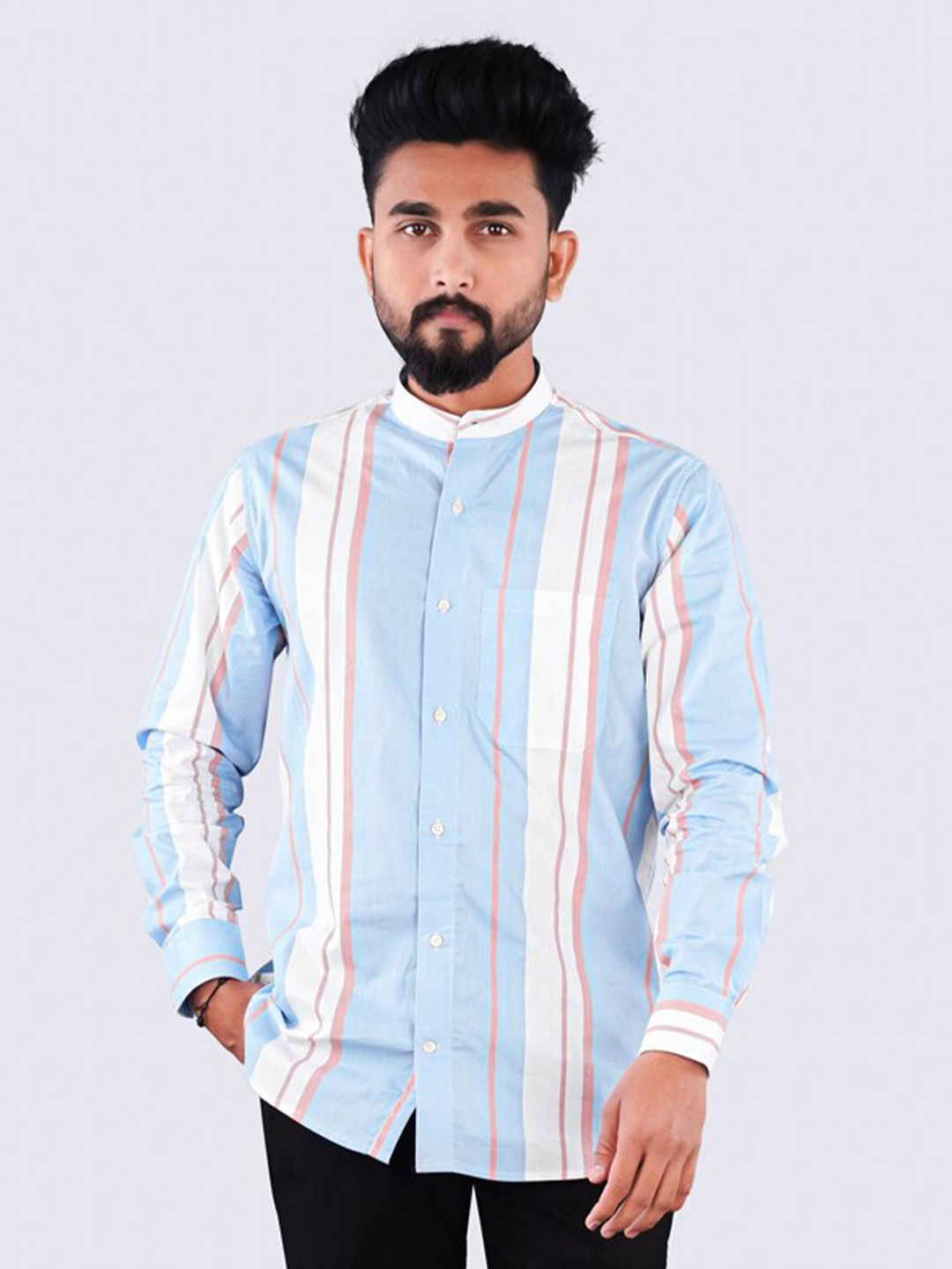 FRENCH CROWN Standard Fit Vertical Striped Mandarin Collar Twill Pure Cotton Casual Shirt, White
FRENCH CROWN Standard Fit Vertical Striped Mandarin Collar Twill Pure Cotton Casual Shirt, White