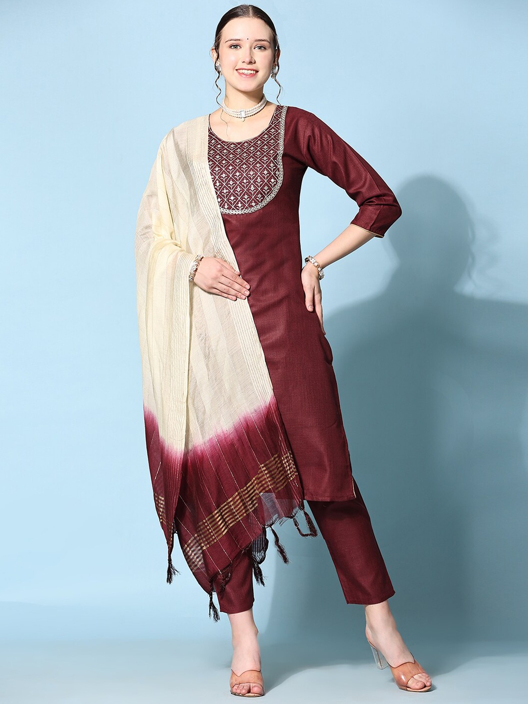 Ziva Fashion Ethnic Motifs Yoke Design Thread Work Kurta With Trousers & Dupatta, Maroon
Ziva Fashion Ethnic Motifs Yoke Design Thread Work Kurta With Trousers & Dupatta, Maroon