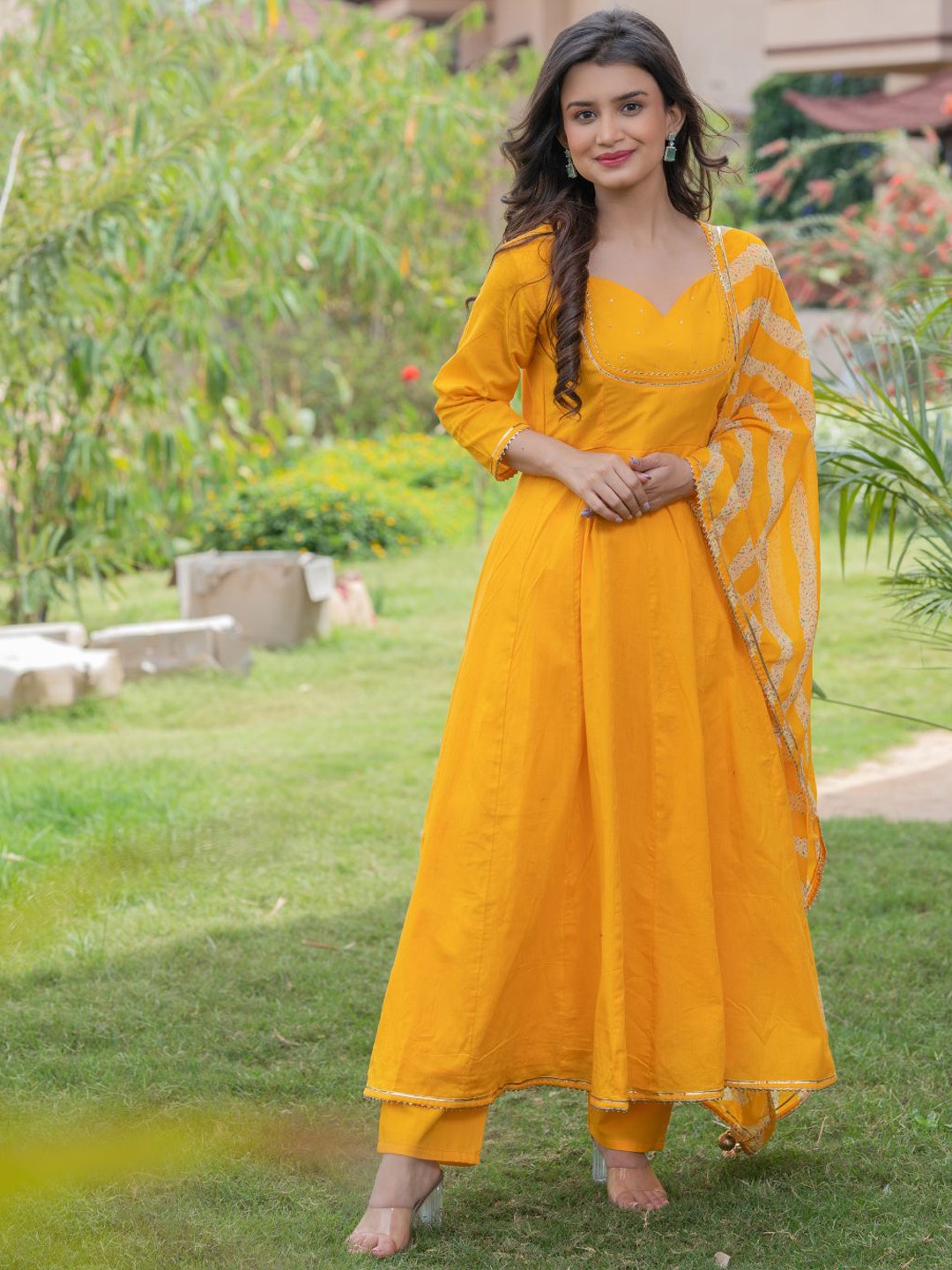 HOUSE OF JAMOTI Gotta Patti Sequined Anarkali Pure Cotton Kurta with Trousers & Dupatta, Yellow
HOUSE OF JAMOTI Gotta Patti Sequined Anarkali Pure Cotton Kurta with Trousers & Dupatta, Yellow