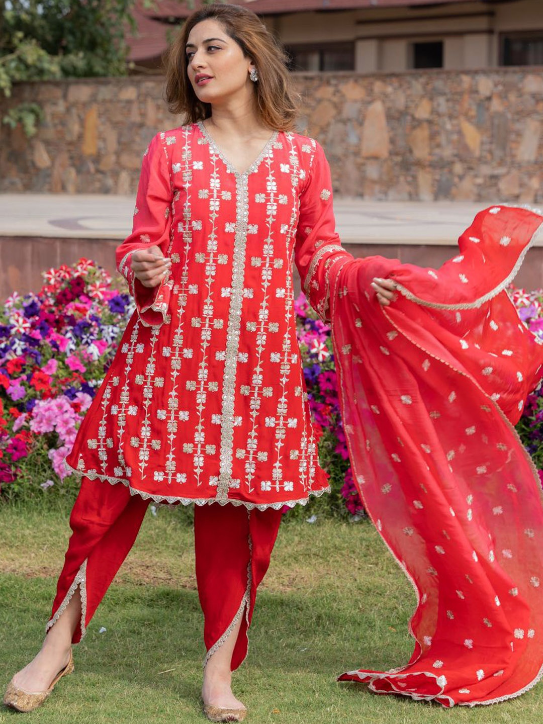 HOUSE OF JAMOTI Ethnic Embroidered Gotta Patti A-Line Kurta with Dhoti Pants & Dupatta, Red
HOUSE OF JAMOTI Ethnic Embroidered Gotta Patti A-Line Kurta with Dhoti Pants & Dupatta, Red