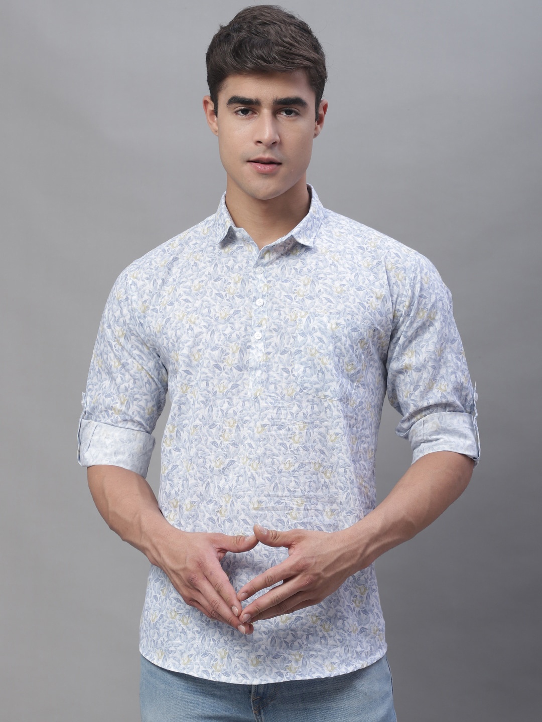 Majestic Man Floral Printed Shirt Collar Roll-Up Sleeves Pure Cotton Short Kurta, Blue
Majestic Man Floral Printed Shirt Collar Roll-Up Sleeves Pure Cotton Short Kurta, Blue