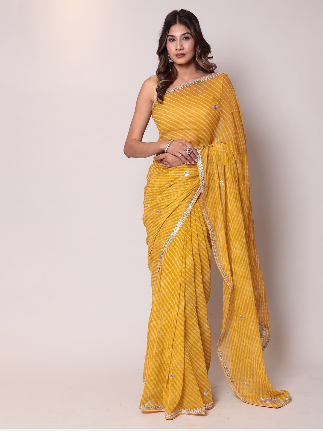 ZARI Leheriya Mirror Work Pure Chiffon Saree, Yellow