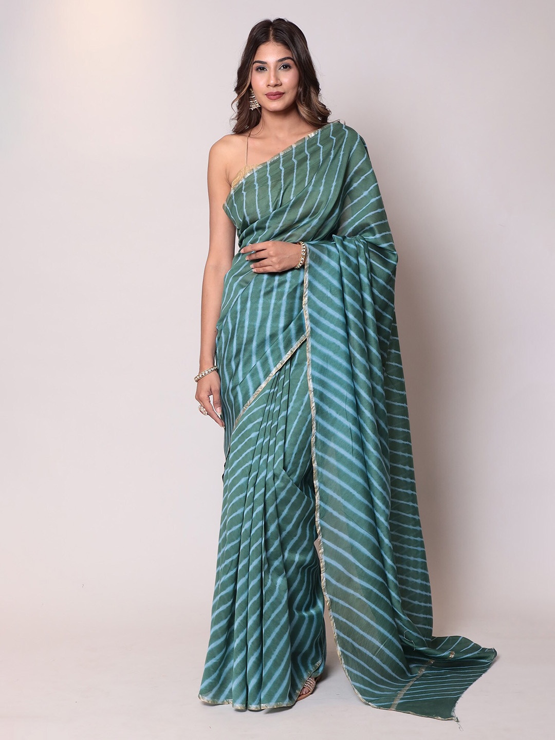 ZARI Leheriya Pure Cotton Chanderi Saree, Green