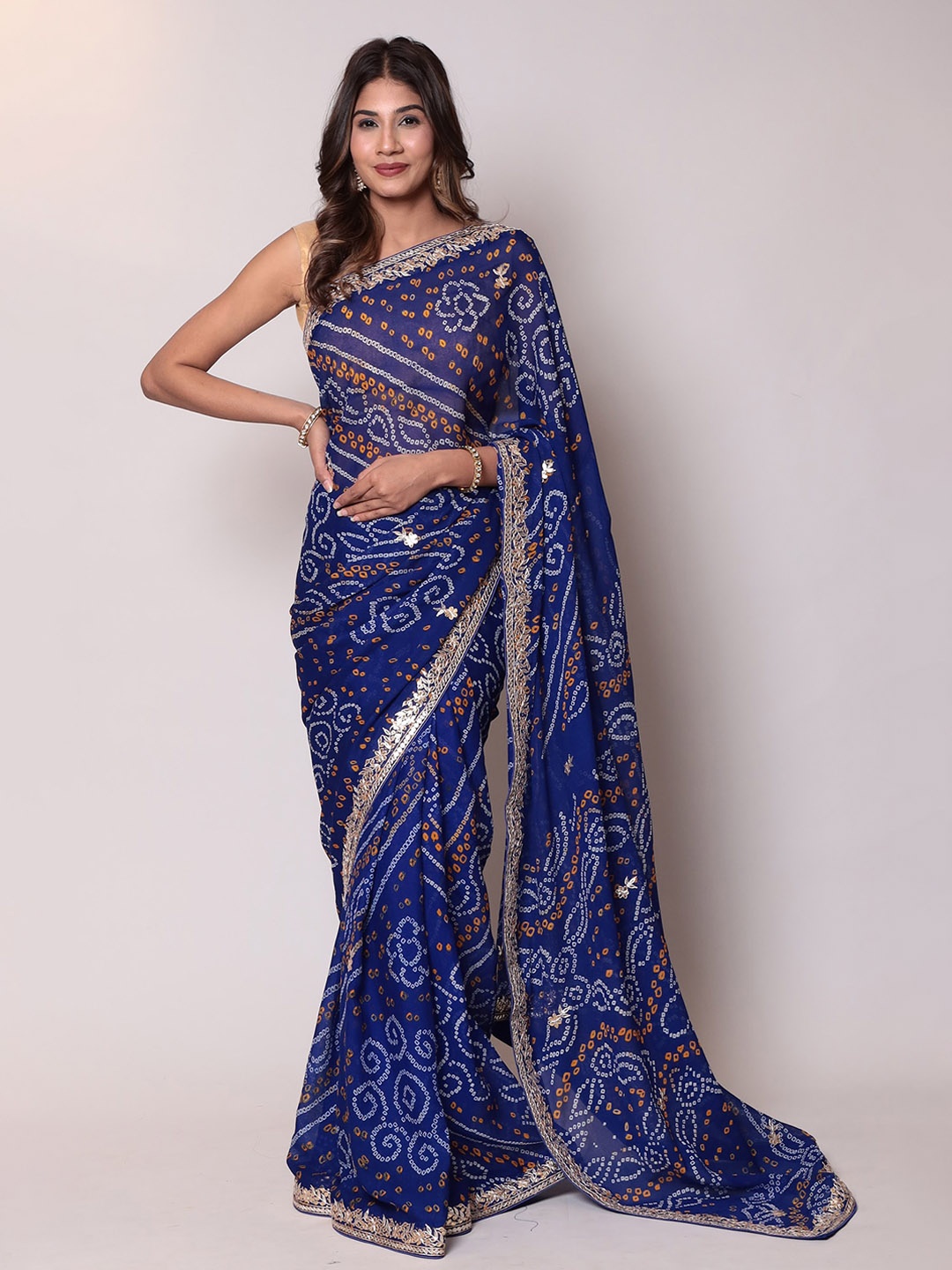ZARI Gotta Patti Pure Chiffon Bandhani Saree, Blue