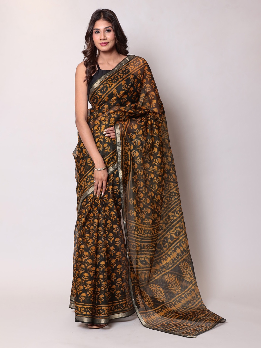 ZARI Ethnic Motif Zari Silk Blend Kota Saree, Mustard