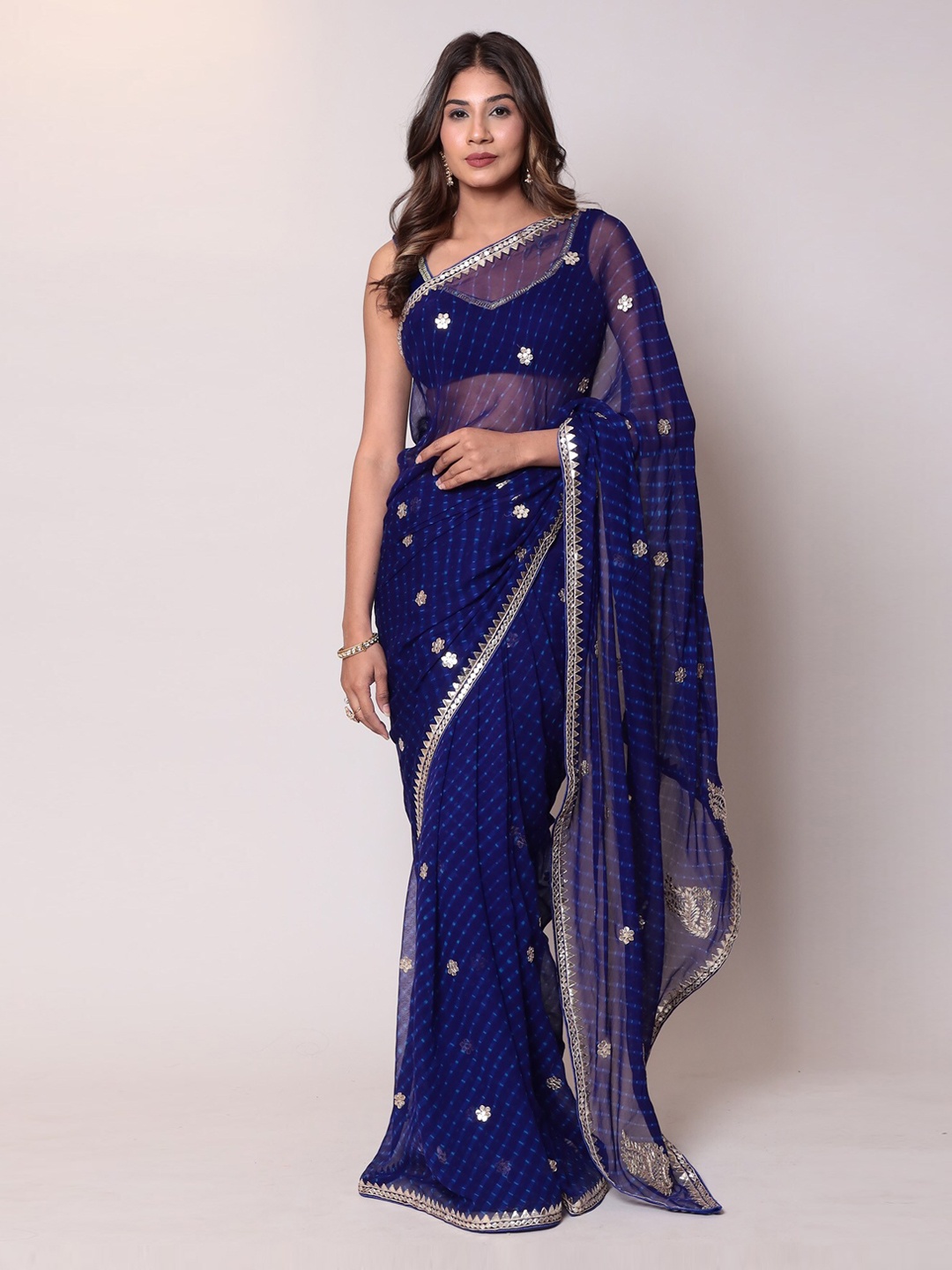 ZARI Striped Embellished Mirror Work Poly Chiffon Saree, Navy blue