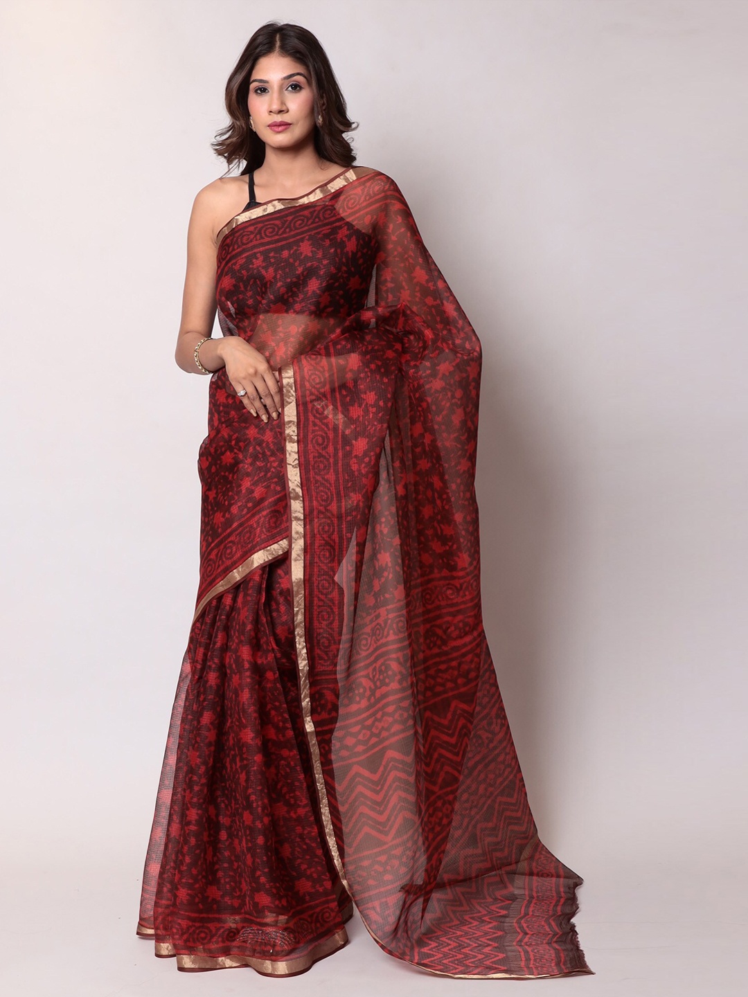 ZARI Abstract Zari Silk Blend Kota Saree, Red